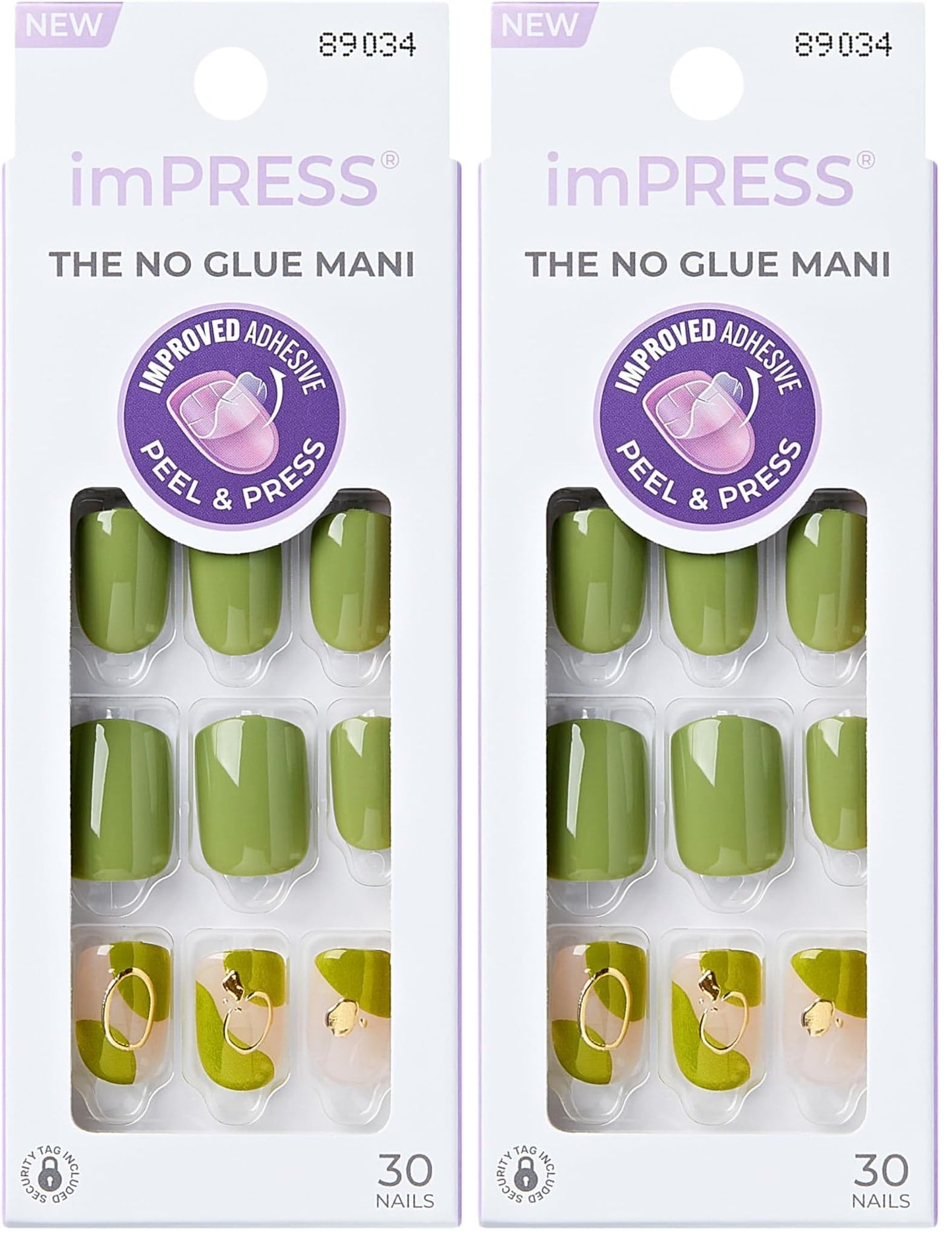 KISS imPRESS No Glue Mani Press On Nails, Design, Before Sunrise', Green, Short Size, Squoval Shape, Includes 30 Nails, Prep Pad, Instructions Sheet, 1 Manicure Stick, 1 Mini File (Pack of 2)