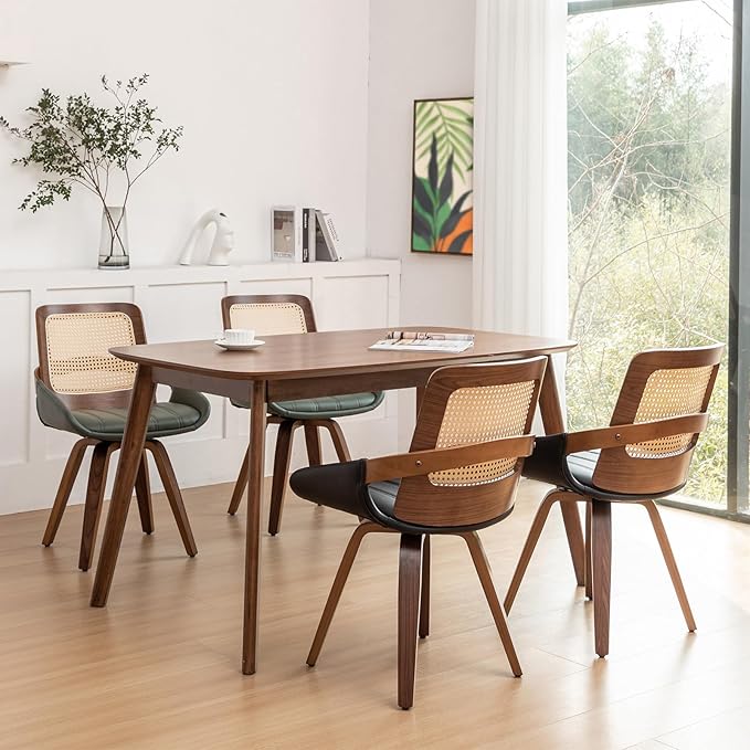 Set of 2 Kitchen & Dining Room Chairs - Swivel Dining Chairs with Cane Back, Walnut Bentwood Frame, Faux Leather Seat, Arms, Versatile for Conference/Kitchen/Restaurant/Living Room (Walnut Black)