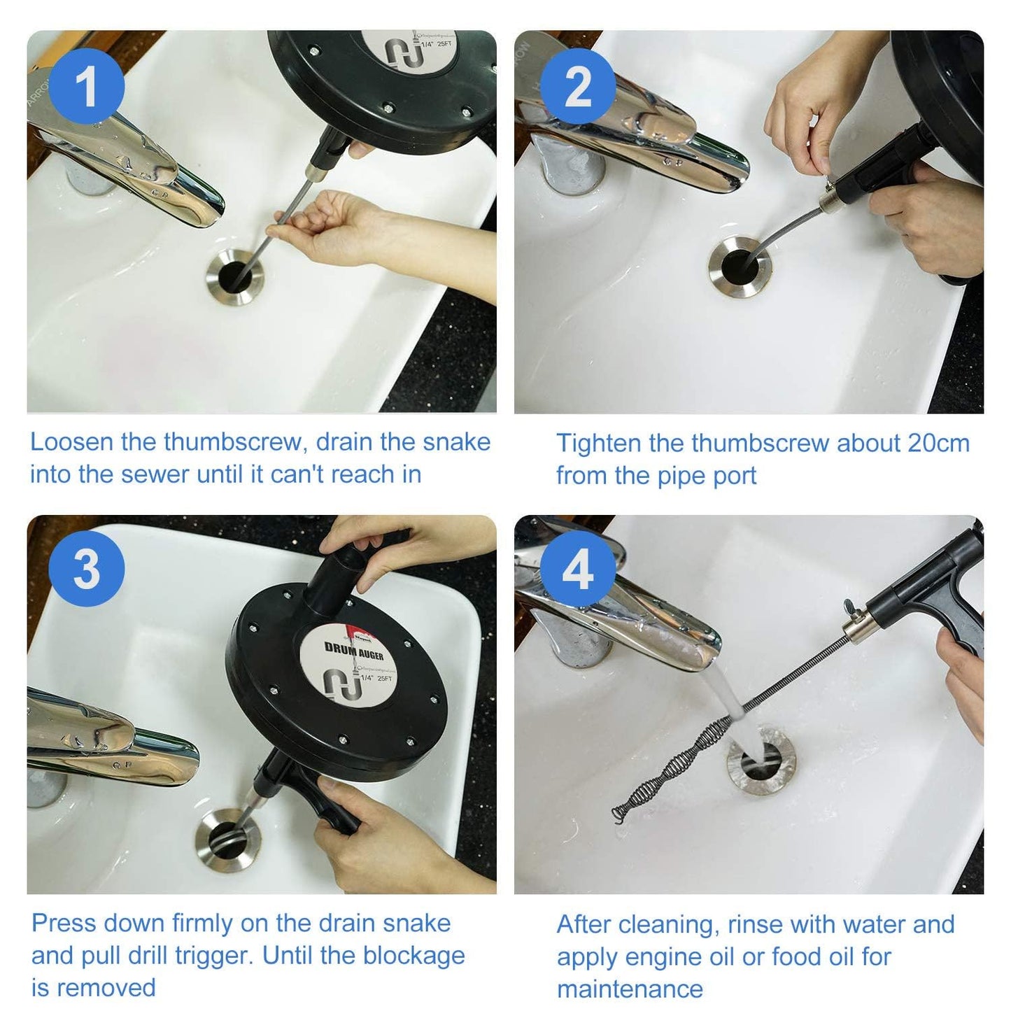 FLSEPAMB Drain Auger 25 Ft Plumbing Snake Snake Drain Clog Remove Tool Professional Sink Snake for Bathtub Drain, Kitchen Sink, Comes with Gloves and 25 Inch Snake Hair Clog Remover