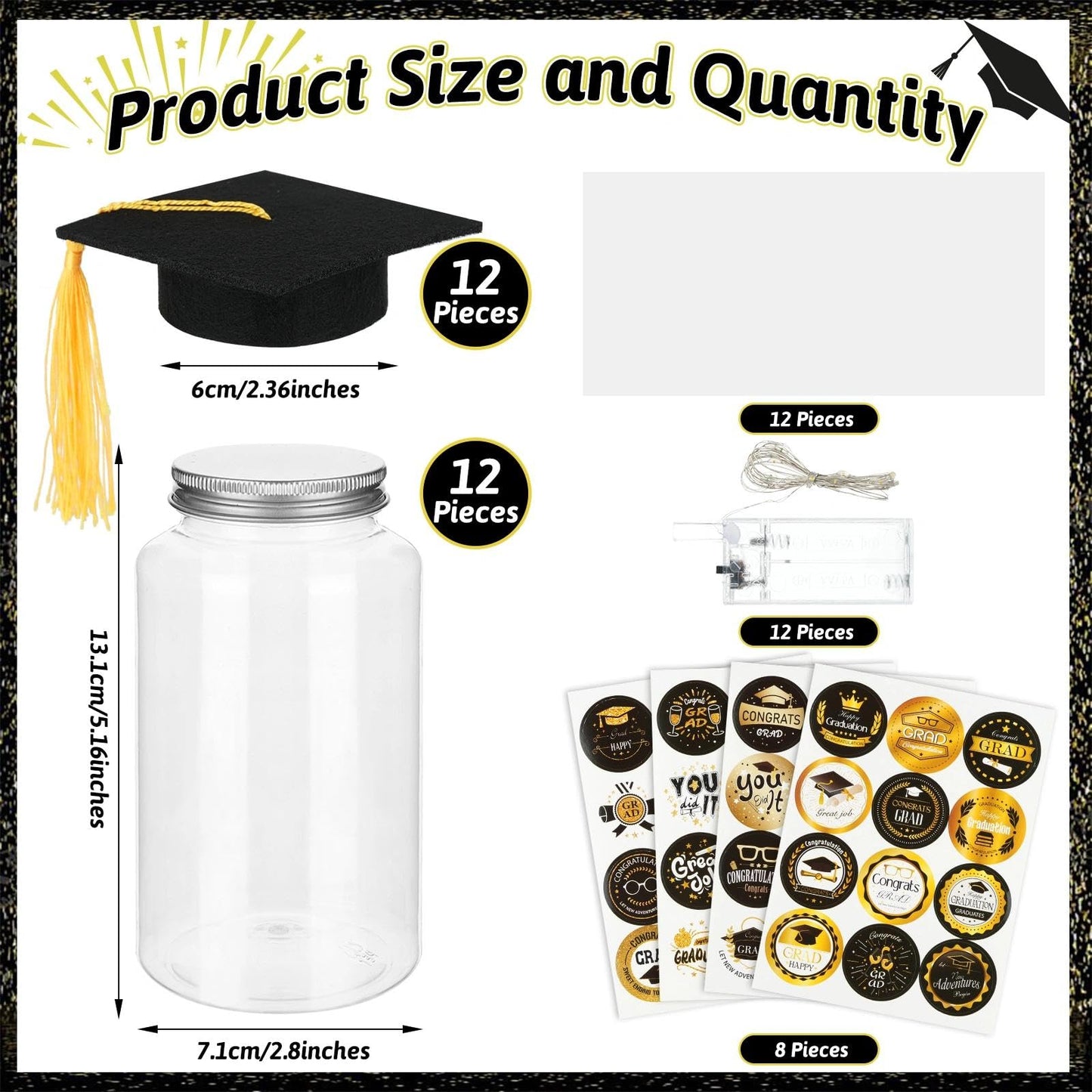 12 Pack Graduation Table Decoration Set, 2026 Grad Jar Table Centerpieces, Includes Black Felt Grad Hat, LED Lights, Stickers and Tracing Paper for High School and College Graduation Party Supplies