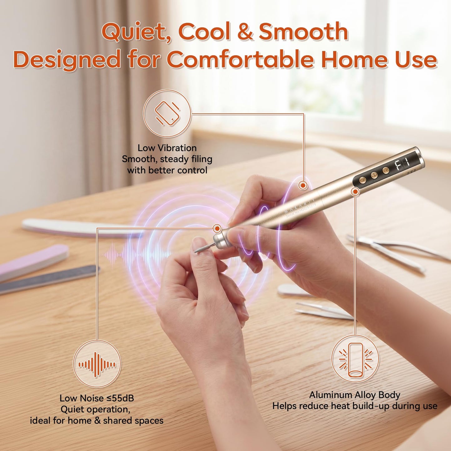 Makartt Pen-Shaped Rechargeable Nail Drill for Beginners: 25,000 RPM Cordless Electric Nail File with 5-Speed LED Display, Lightweight Quiet E File Kit for Gel Polish Removal, Home Travel Use(Gold)