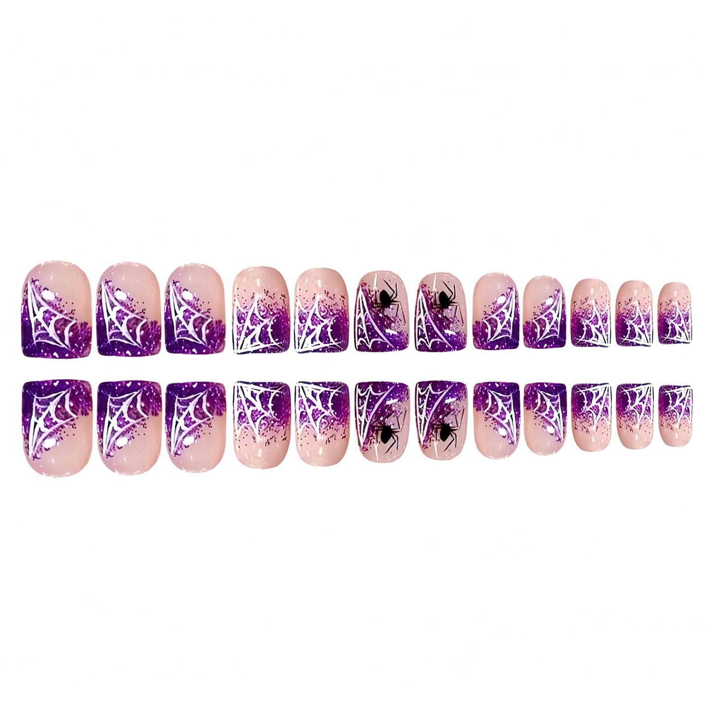 24Pcs Halloween Glitter French Tips Press on Nails Short Square Shaped Purple Fake Nails Horror Spider False Nails with White Spider Web Designs Halloween Acrylic Nails for Women DIY Manicure