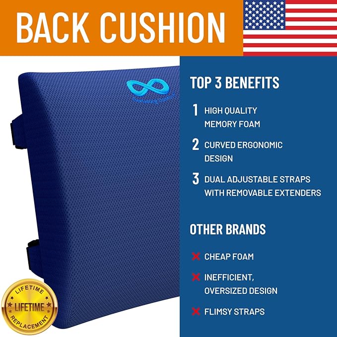 Everlasting Comfort Lumbar Support Pillow for Car Seat - Memory Foam Back Cushion for Car - Lumbar Pillow Promotes Better Posture, Back Pain Relief - Ideal for Driving