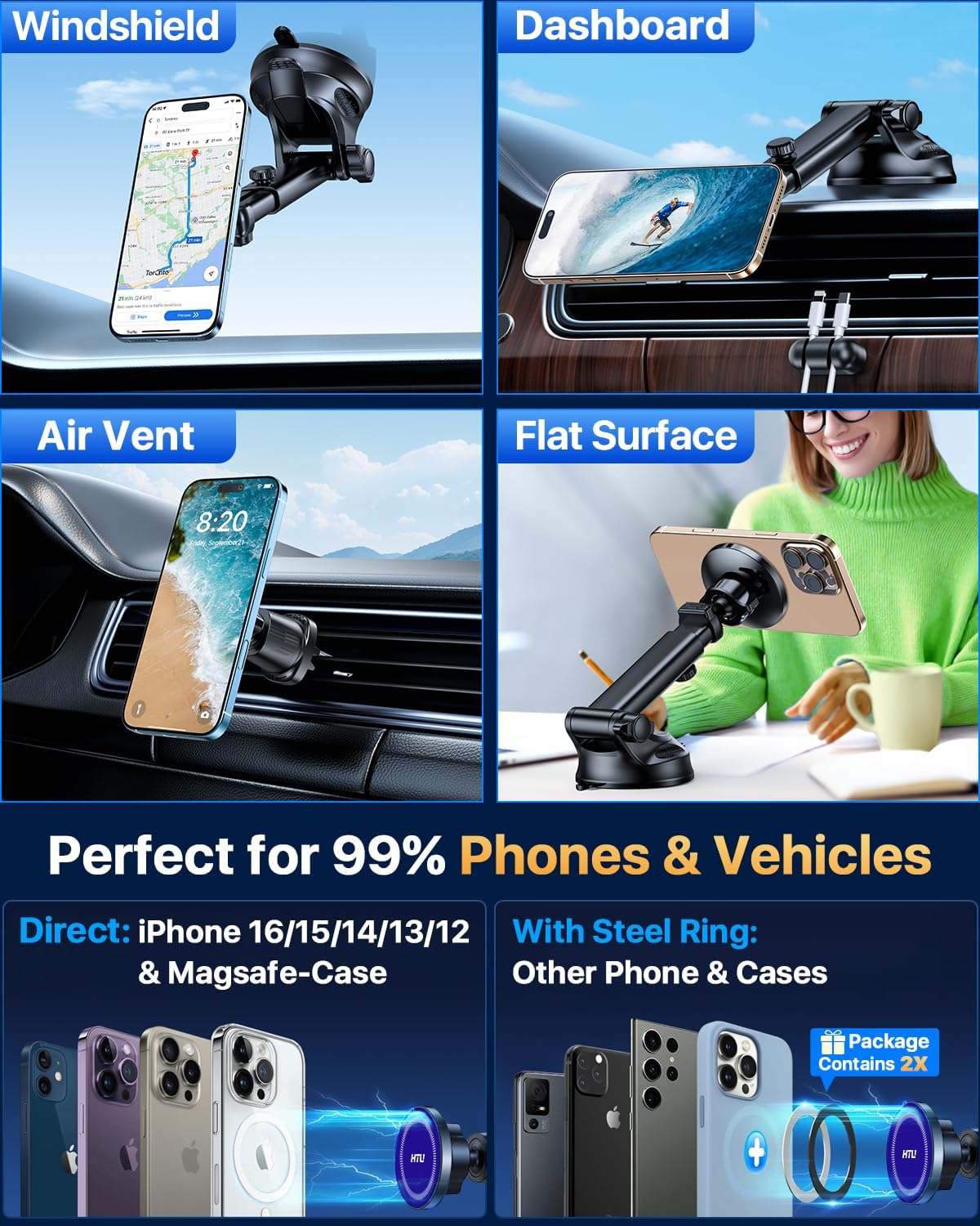 HTU for MagSafe Car Phone Mount Magnetic Phone Holder for Windshield Vent Dashboard Magnetic Suction Phone Mount for iPhone 16/15/14/13/12 & Android (Amparo Blue)