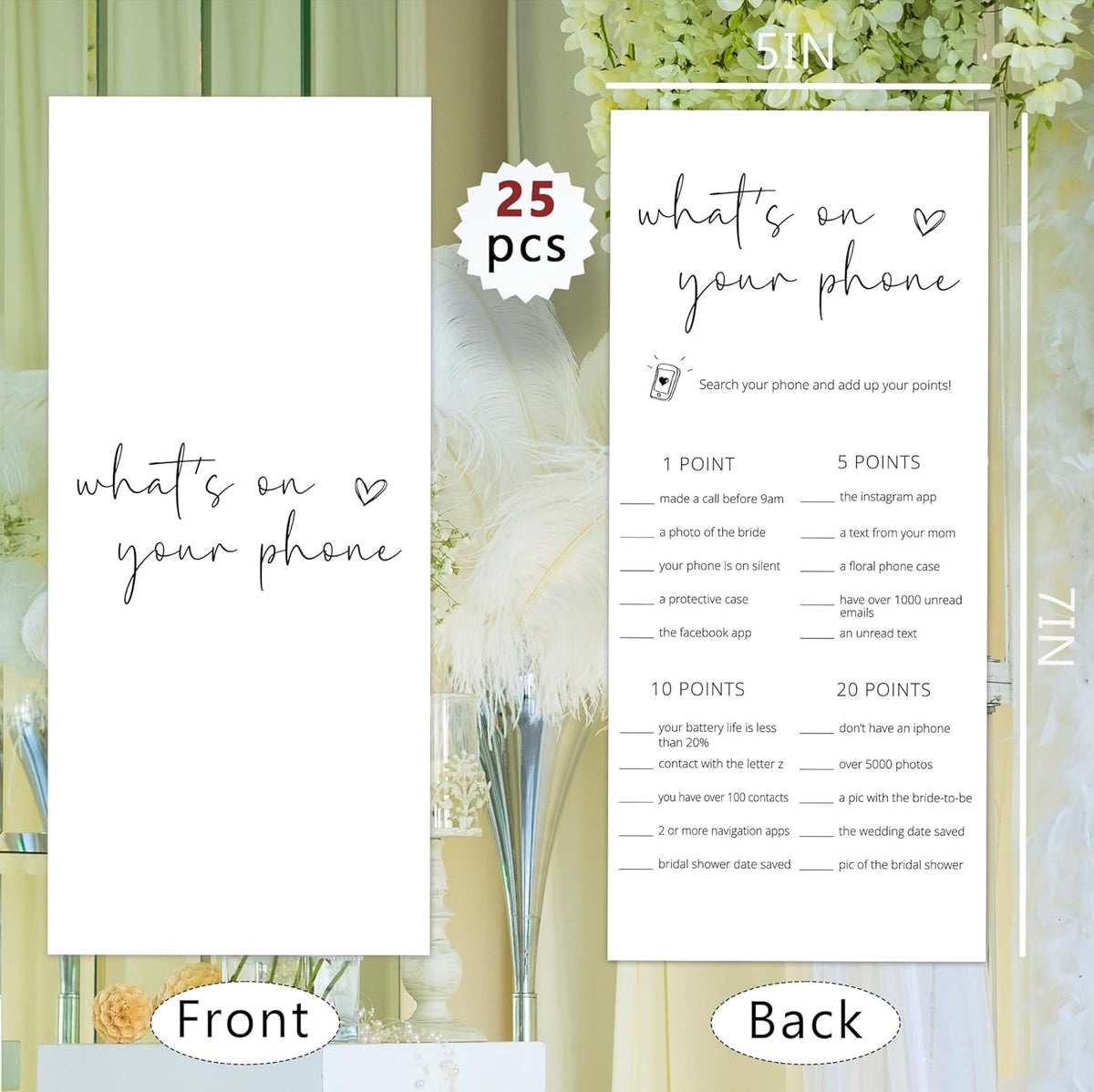 Bridal Shower Games, What's On Your Phone, 25Pcs 4x9inch Minimalist White Double-Sided Bridal Game Cards, Wedding Shower Games for Guests, Engagement Bachelorette Party Supplies - A17