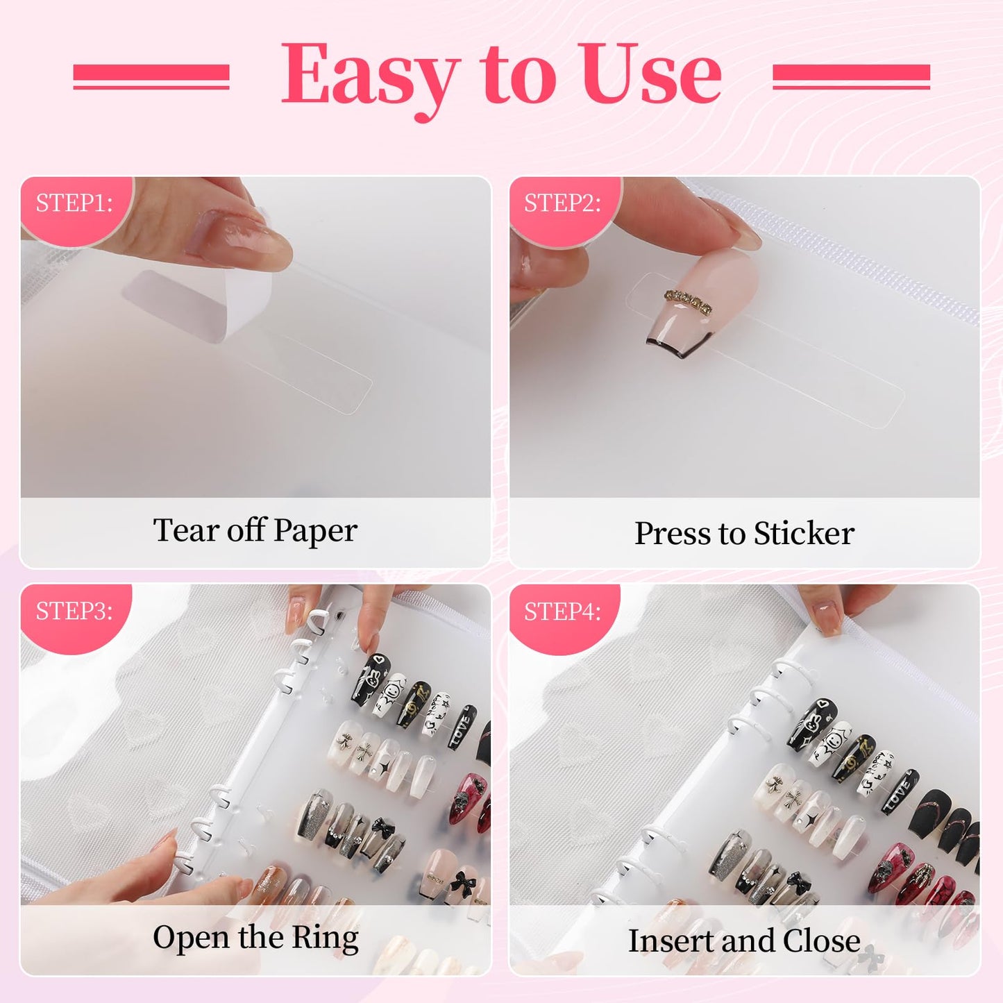 ASTONFOG Press On Nail Storage Organizer Binder with 8 Insert Pages - A5 Size & Double Sized Tape, Press on Nails Display Storage Book, Reusable Fake Nail Swatch Collecting Book (White)