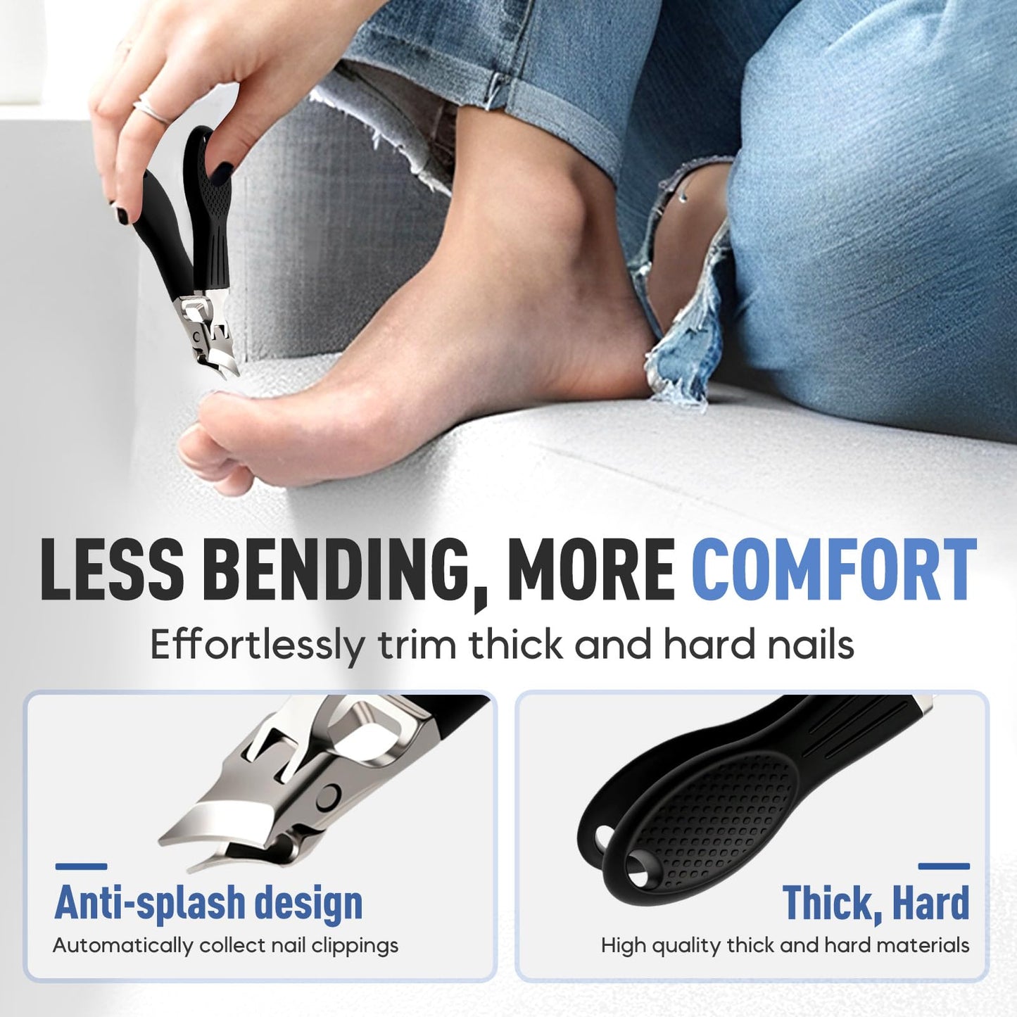 YAWOTA Wide Jaw Opening Anti-Splash Slanted Nail Clipper 3PCS Set with Case, Household Fingernail and Toenail Clippers Set for Ingrown Nails & Thick Nails (Black)