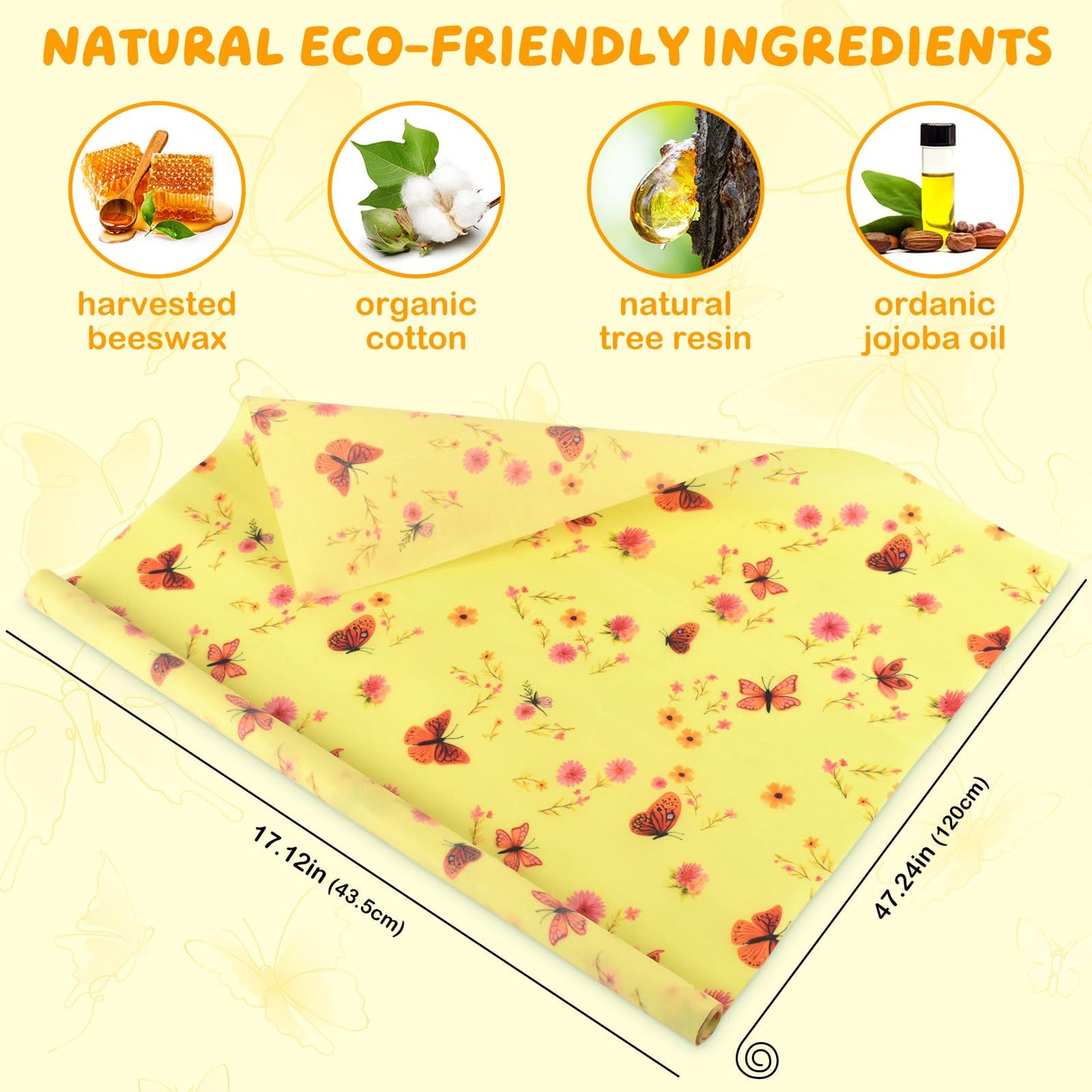 Reusable Beeswax Wraps 17 x 47 Inch Large Beeswax Food Wraps Eco-Friendly Sustainable Organic Cotton Food Storage Wraps for Sandwich, Cheese, Bread, Snacks (Butterfly)