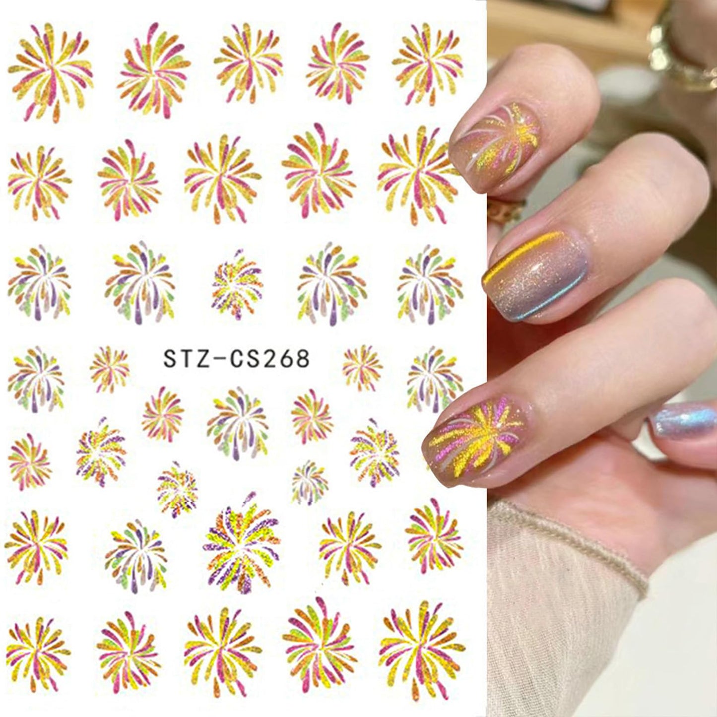 Gold Firework Nail Decals - Glitter Self-Adhesive Stickers, Bronzing Designs for Nail Art on New Year Nails