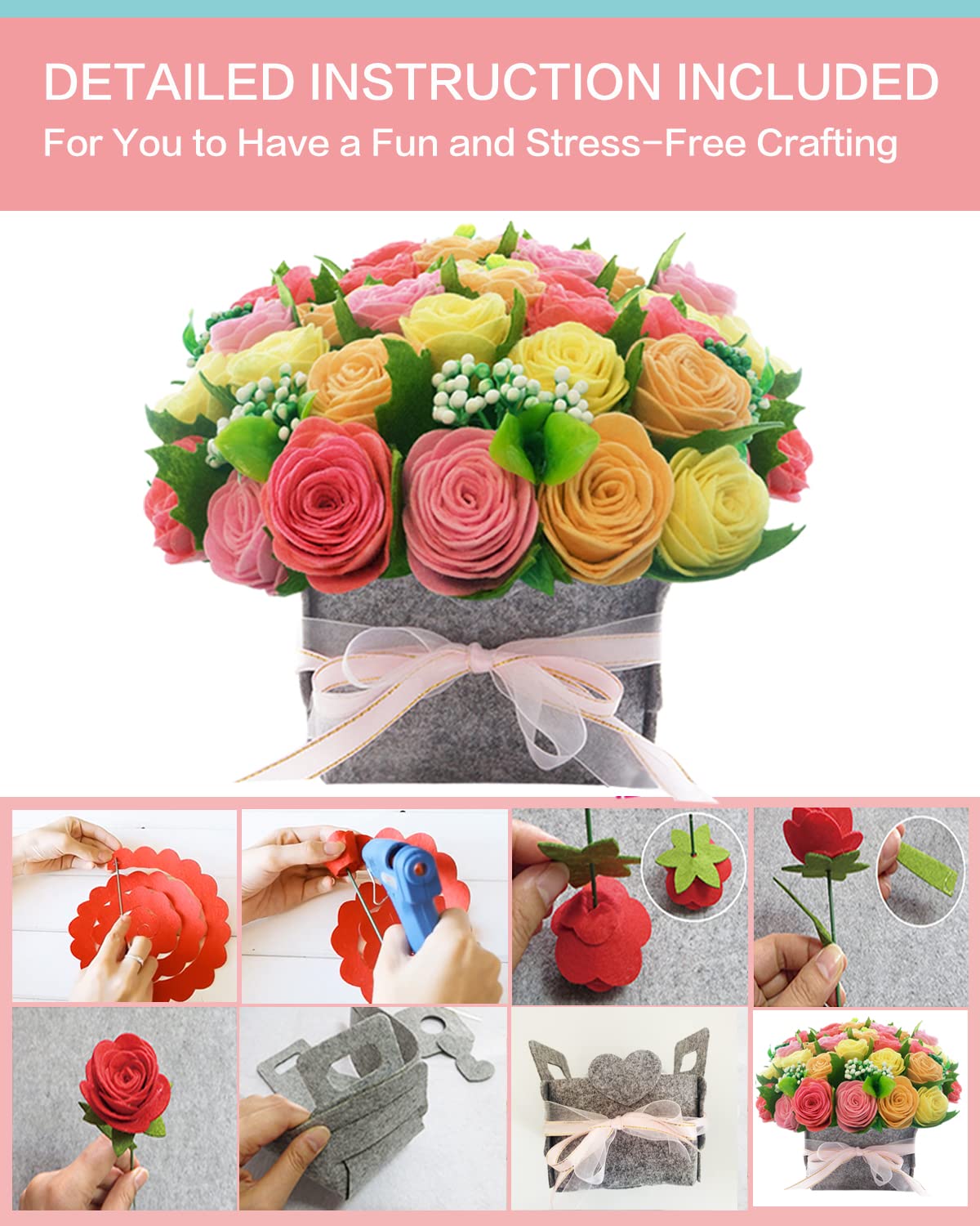 DIY Felt Flower Art Craft Kit, DIY Rose Pot Bonsai Kit, Beginner Floral Gifts - Arrange Pre-Cut Flowers and Foliage - Red, Pink, Yellow
