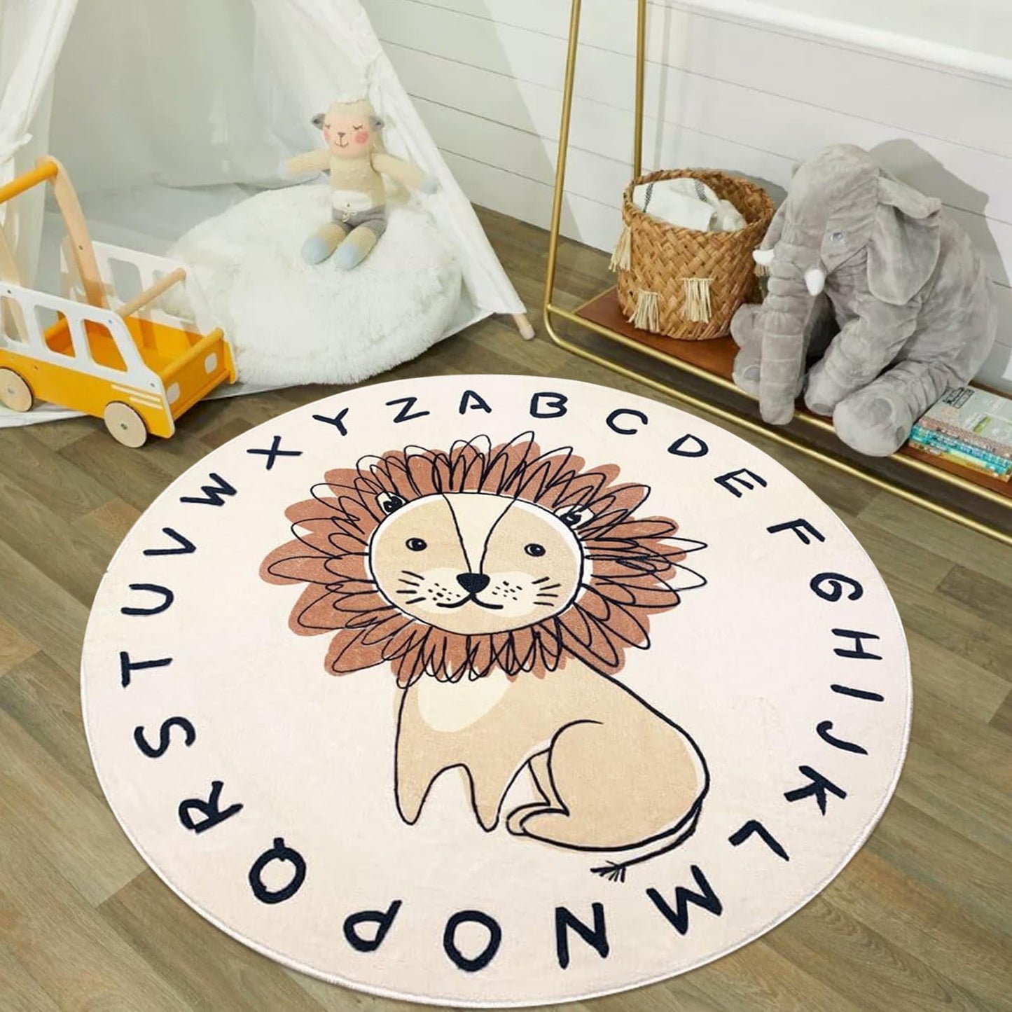 USTIDE Lion Kids Rug 4Ft, Super Soft Round Play Mat Lion Rug Alphabet Learning Carpet Large Cartoon Area Rug for Nursery Bedroom Playroom