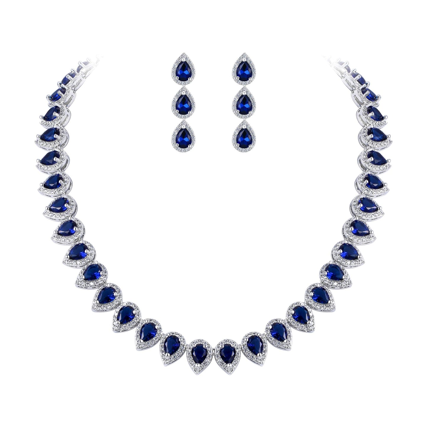 EleQueen Women's Wedding Bridal Full Prong Cubic Zirconia Sapphire Teardrop Necklace Earrings Set for Brides Bridesmaids Blue-Silver-Plated-Brass