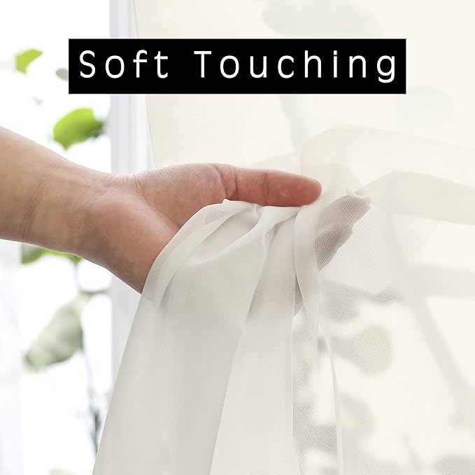 OVZME Sheer Curtains Ivory 45 inches Long Kitchen Curtains, Rod Pocket Clean Selvedge Voile Window Treatments, 2 Panels=84 Inches Width.