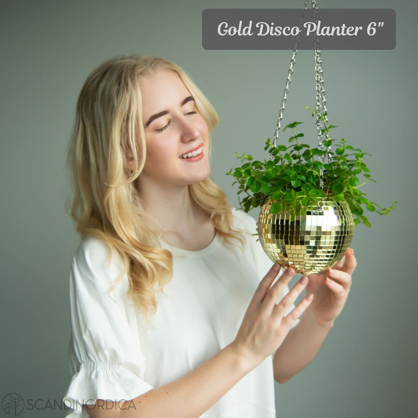 SCANDINORDICA Disco Ball Planter 6" Gold with Chain and Macrame Hanger and Disco Ball Planter Pot 4.3" with Saucer (0.2x0.2 mirror tiles)