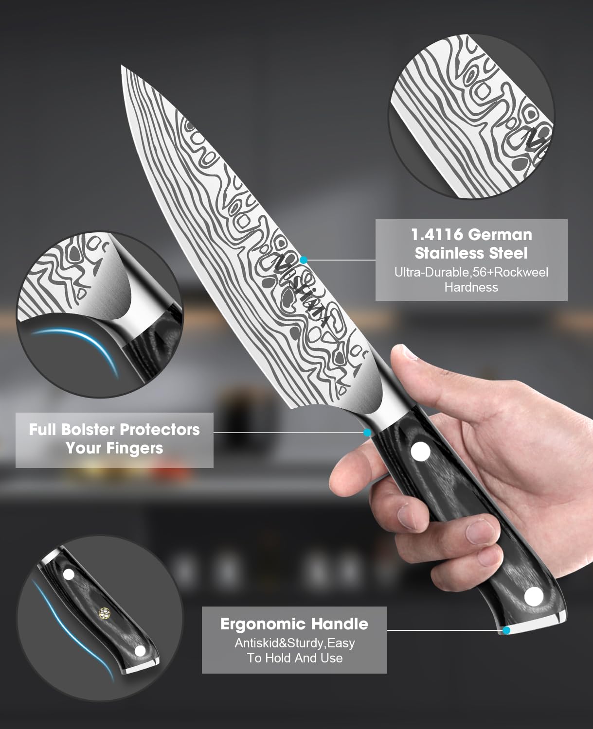 MOSFiATA 2Pcs Chef Knife Set, Sharp Kitchen Knife High Carbon German EN1.4116 Stainless Steel Cooking Knife, 9"&6" Chopping Knife Kitchen Knives Set with Ergonomic Handle, Gift Box