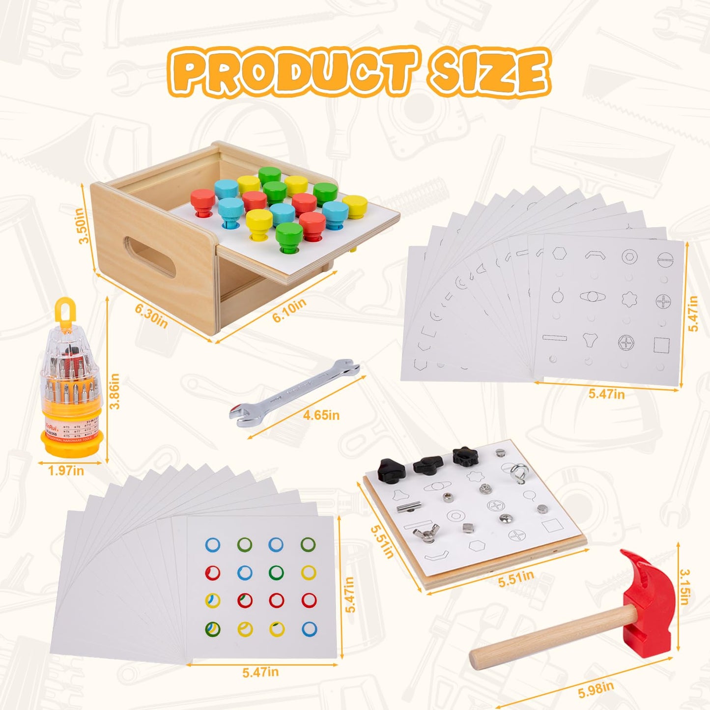 Adena Montessori 2 in 1 Montessori Screwdriver Board Set & Hammer Peg Toy Game Wooden Tool Set for Kids 3 4 5 Year Old