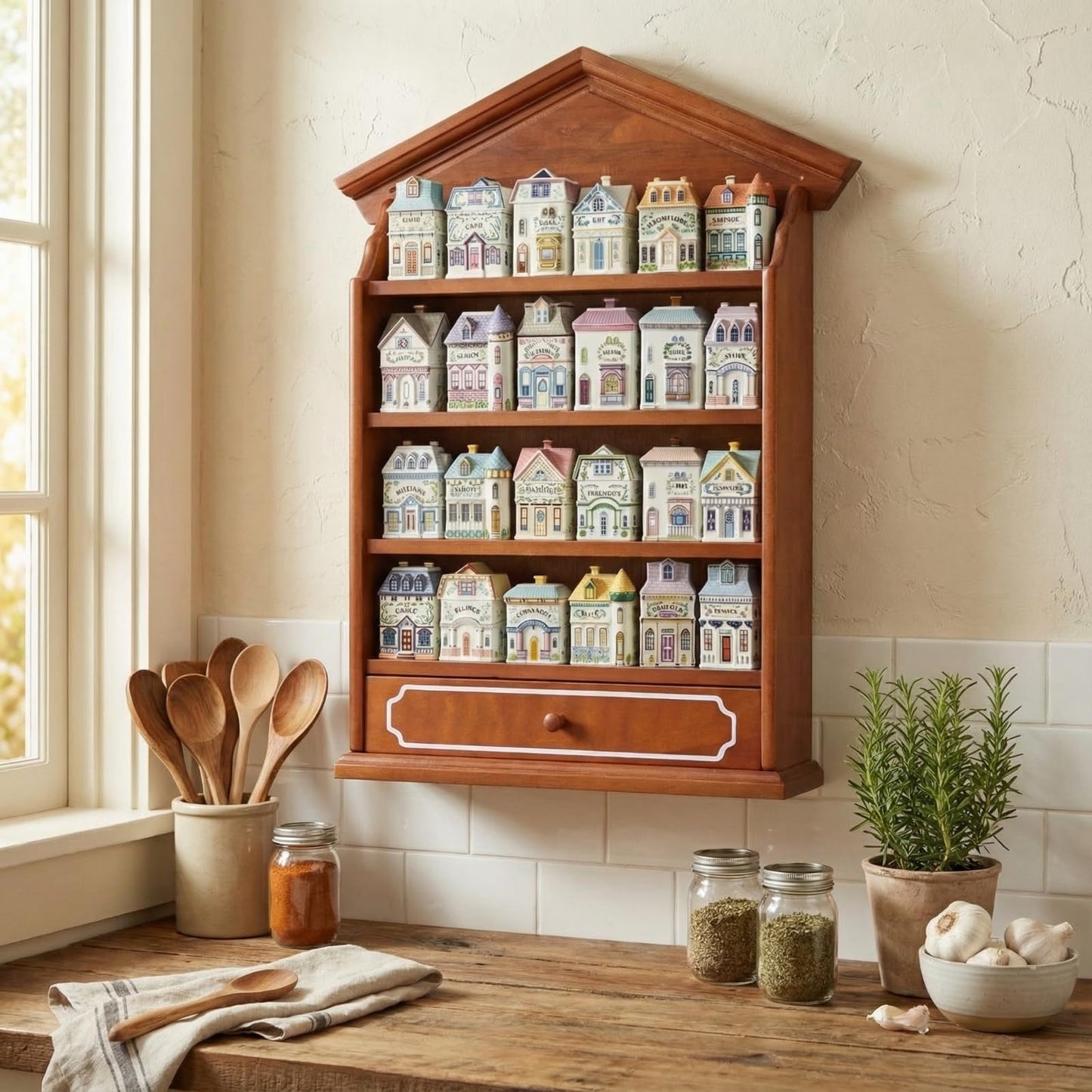 Chunful Vintage Spice Jar Wooden Rack with 4 Shelves and Drawer Hanging Spice Rack Wall Mounting Kitchen Storage Village Style Display Shelf for 24 Jars, Shelf Only(Classic)