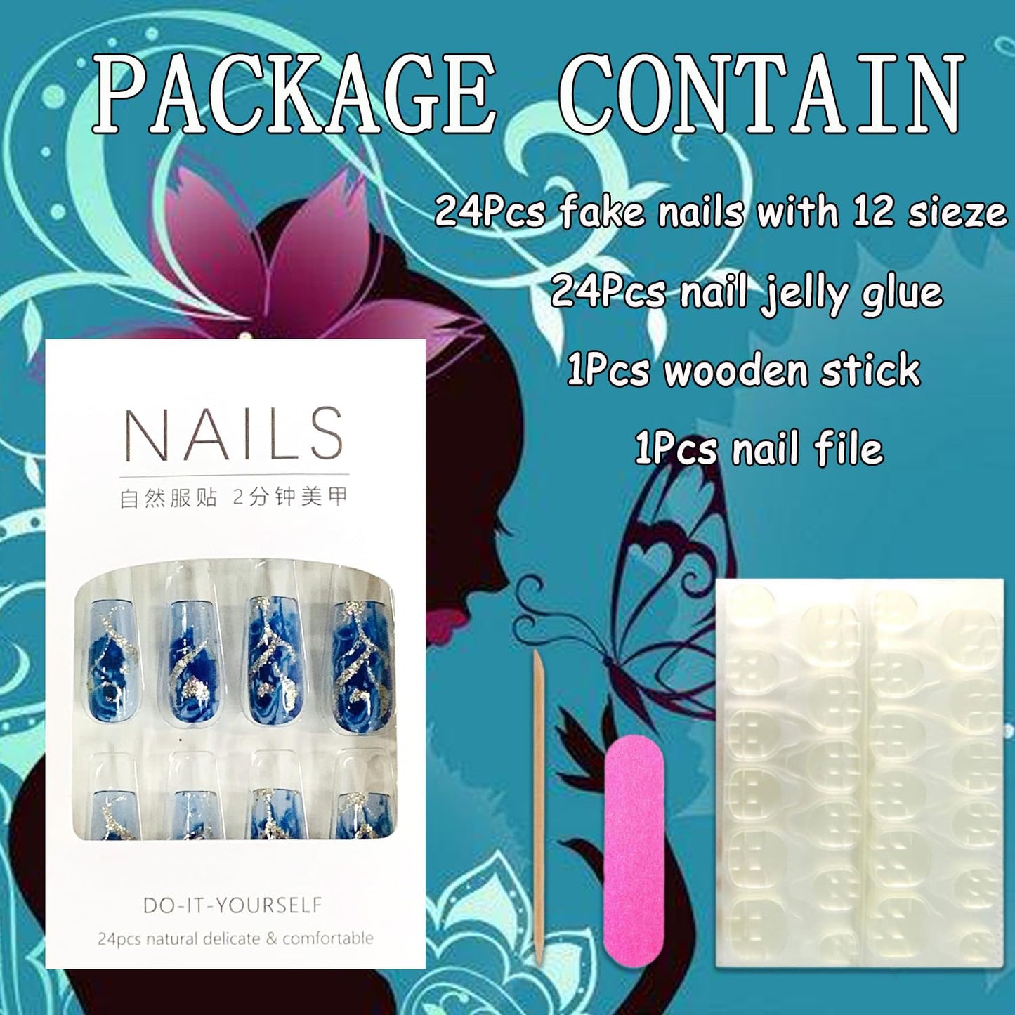 EYZOTSF Press on Nails Medium Square Shaped Acrylic Medium Square Shaped False Nails with Designs Artificial Short Coffin Fake Nails with Charms Glue ons Fingernails for Women Girls(CY1092)