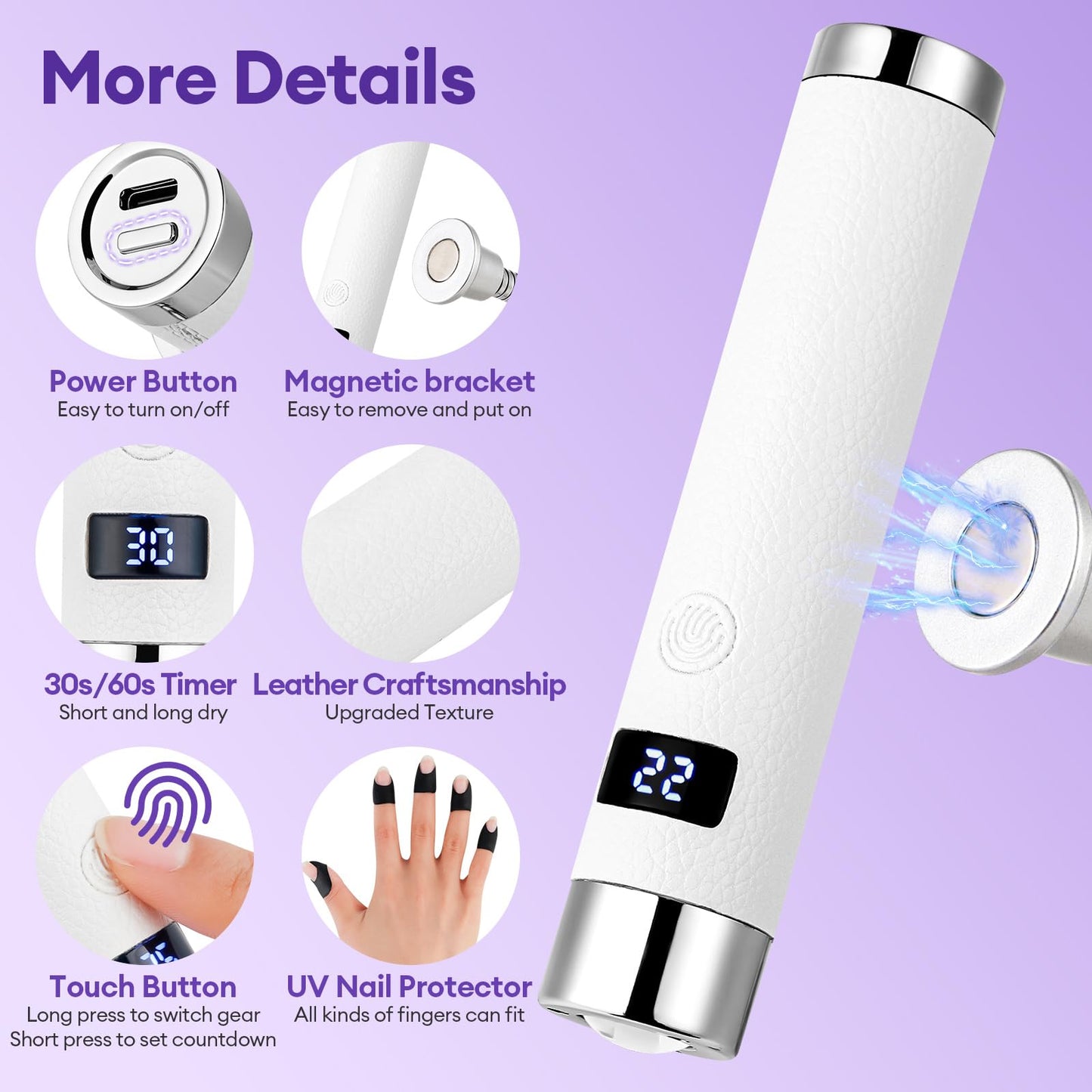 LIARTY UV Nail Lamp Cordless: Mini Rechargeable Auto Sensor LCD Display 2 Timers - Gooseneck Flash Curing Light Pen for Gel Nails Polish with Base (White)