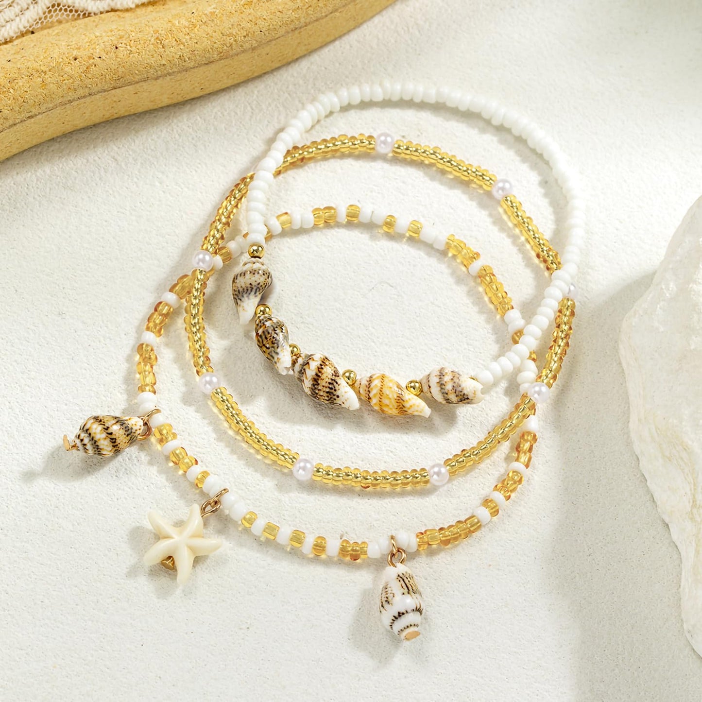Qceasiy Shell Ankle Bracelet Set for Women, Boho Bead Adjustable Anklet, Hawaiian Beach Seashell Pearl Heart Starfish Conch Foot Jewelry Gifts (Conch Starfish 3Pcs)