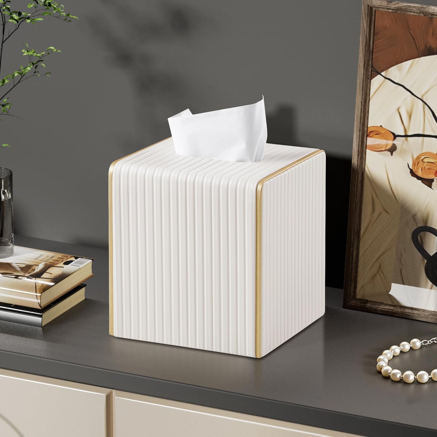 Square PU Leather Tissue Box Cover with Magnetic Closure, Decorative Tissue Holder & Storage Container for Bedroom, Living Room, Dining Room, Bathroom, Countertop, Desk & Office (Black)