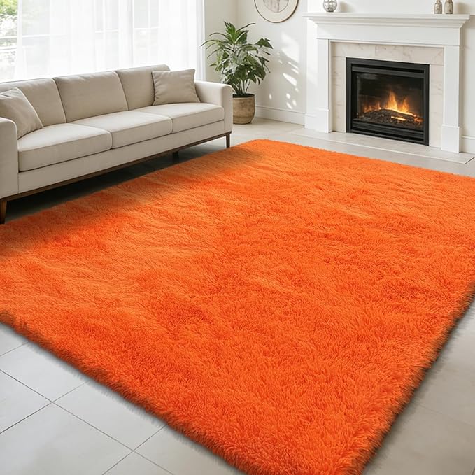 9x12 Fluffy Area Rugs for Living Room,Orange Large Fuzzy Shag Area Rug for Bedroom,Soft Non-Shedding Indoor Plush Carpet for Kids Bedroom Nursery Home Decor