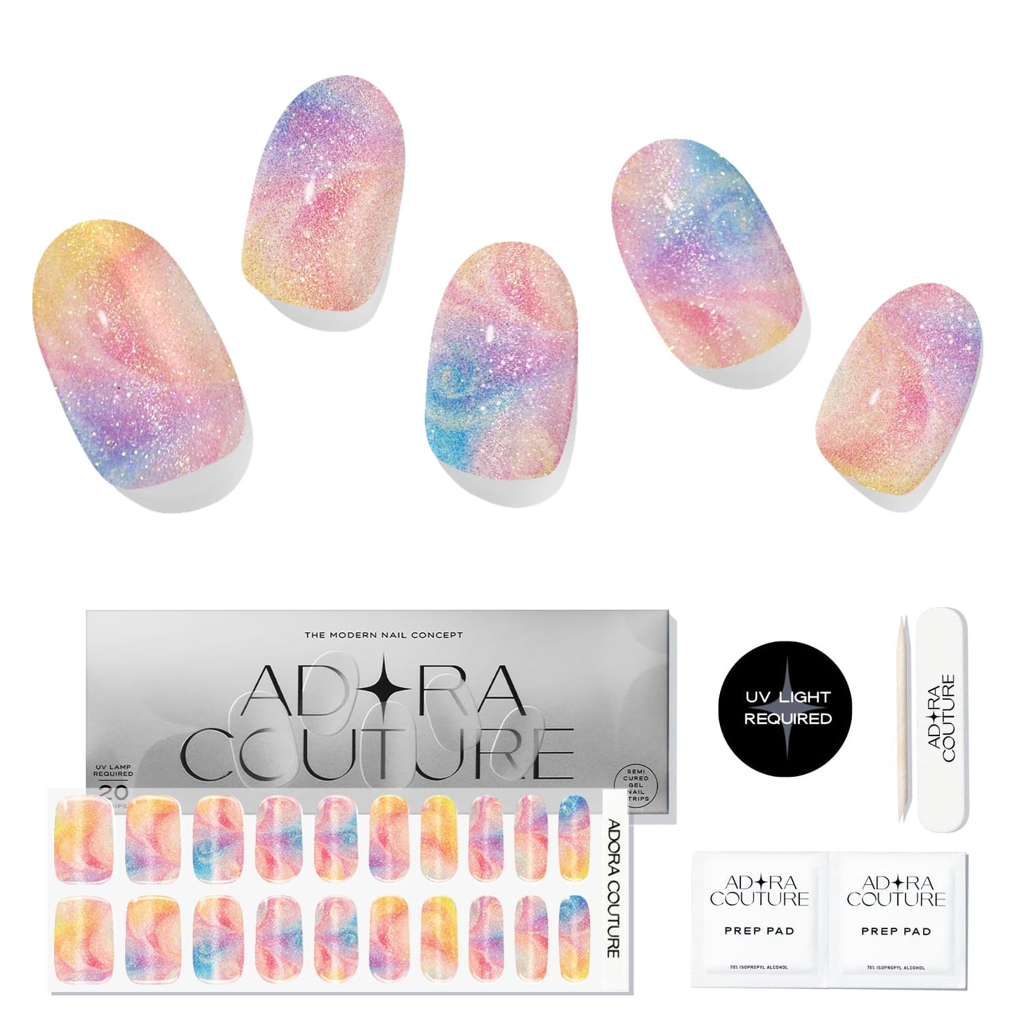 Adora Couture Semi Cured Gel Nail Strips with 20 Pieces - UV Gel Stickers, Manicure Kit, Easy Application Wraps Includes Prep Pads, Nail File, Wooden Stick - UV Light Required (Holographic Pearl)