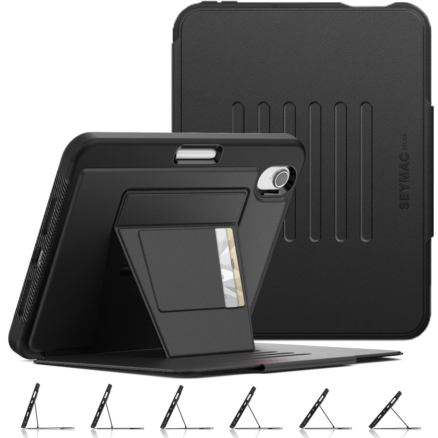 SEYMAC stock Case for iPad mini 7 (A17 Pro)/ Mini 6 8.3'', Strong Magnetic Auto Sleep Shockproof Case with Absorbing Multi-Angles Stand, Pen Holder, Card Slot, Black