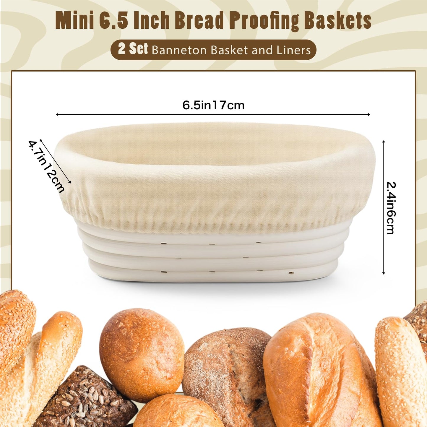 Fanfanwin 2 Pack Mini Bread Proofing Baskets with Liners Banneton Baskets Dough Proofing Bowls for Home Sourdough Bread Baking Supplies(Oval)
