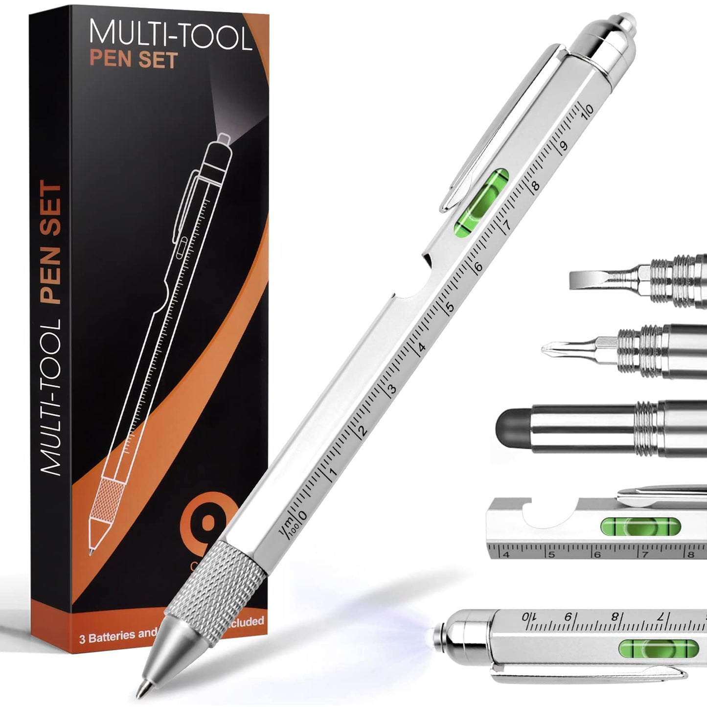 9 in 1 Multi-Tool Pen for Men, Tools with Ballpoint Pen, Screwdrivers, LED Light, Ruler, Stylus, Bubble Level and Bottle Opener, Practical Fathers Day Birthday Gifts for Men Dad Handyman DIY Lovers