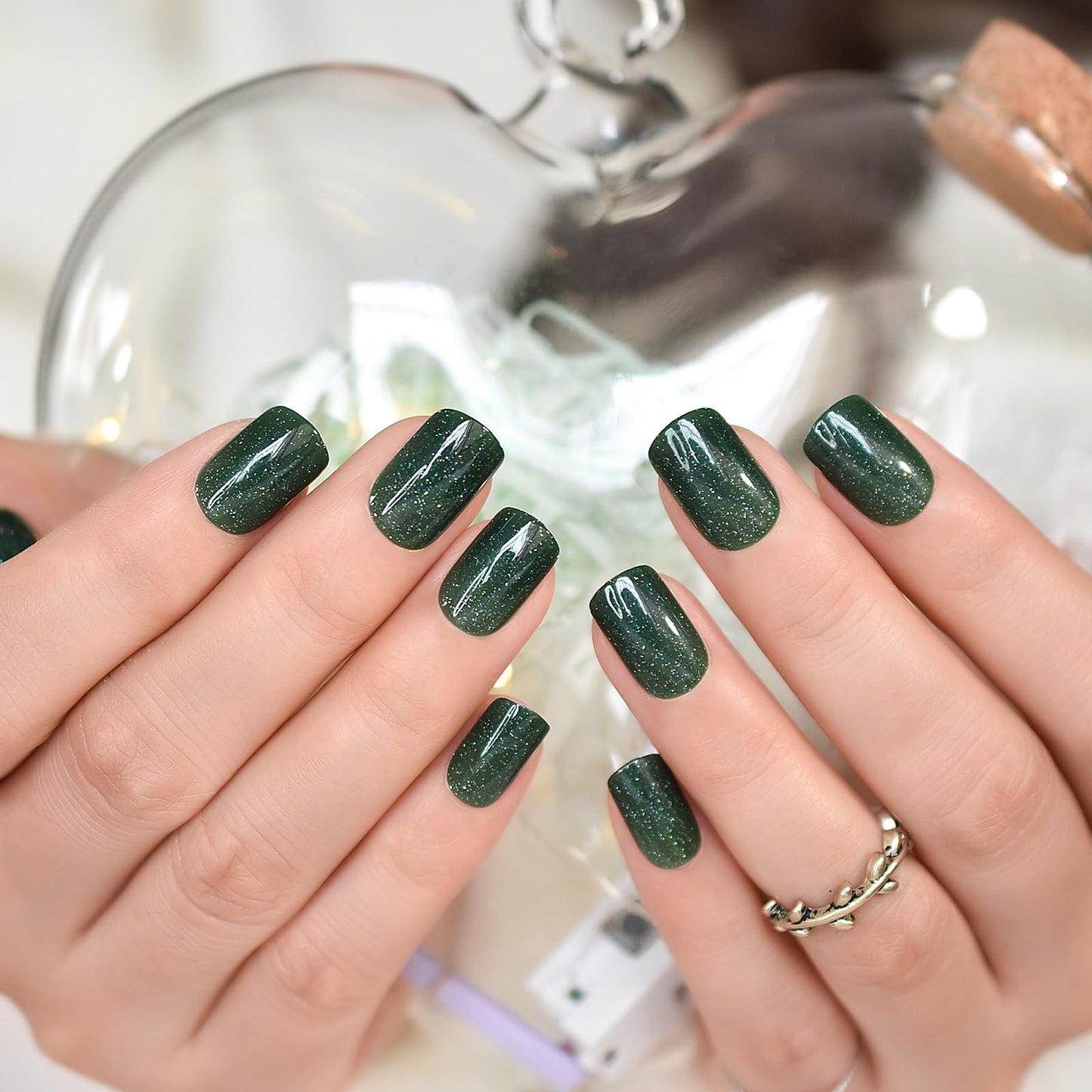 Shiny Glitter Dark Bottle Green Press on Nails - iBeautying False Nails - Glossy Finish Finger Daily Wear Nail - Medium-short Square Acrylic Reusable Fake Nails 24pcs