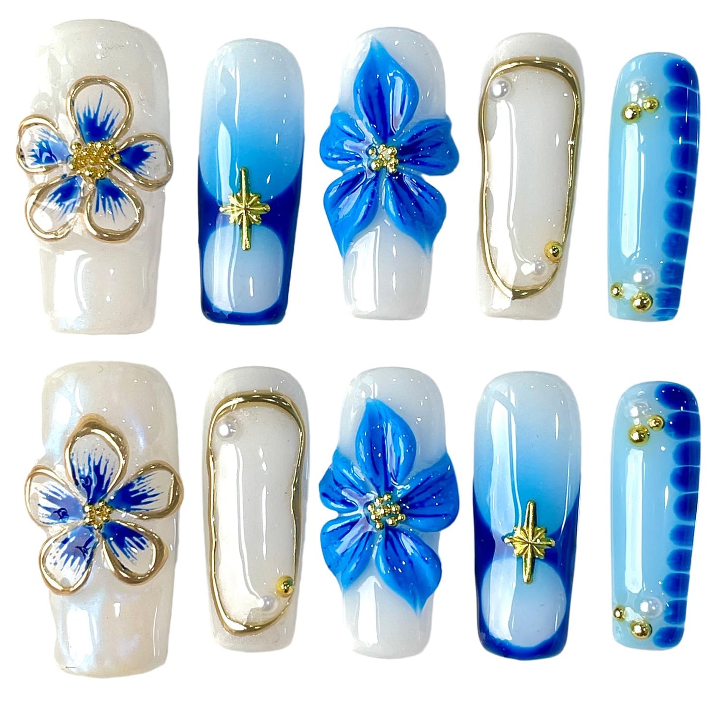 3D Handcrafted Press on Nails, Long/Medium Square Shape, Blue and White Floral, Gold Accent, Reusable Acrylic False Nails, Ocean Bloom (S)