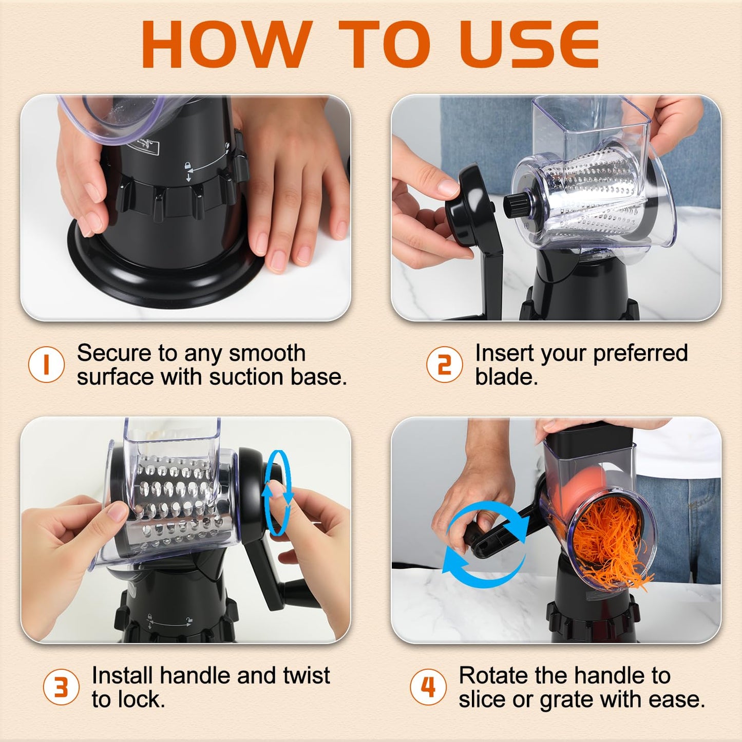 Rotary Cheese Grater Hand Crank, Vegetable Slicer with 3 Blades, Stable Suction, Labor-Saving Handle, Cheese Shredder for Potato Vegetables Nuts Chocolate, Black