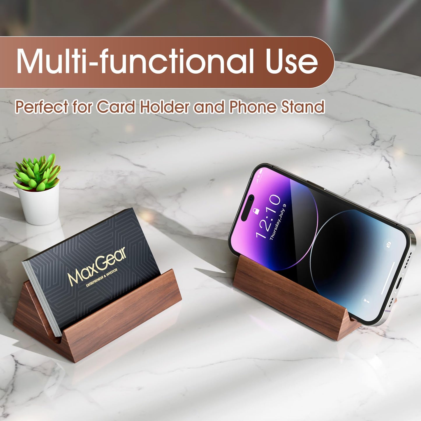 MaxGear Walnut Wood Business Card Holder, Wooden Desk Organizer for Storing & Displaying Business Cards, Elegant Mountain Design with Non-Slip Base for Office