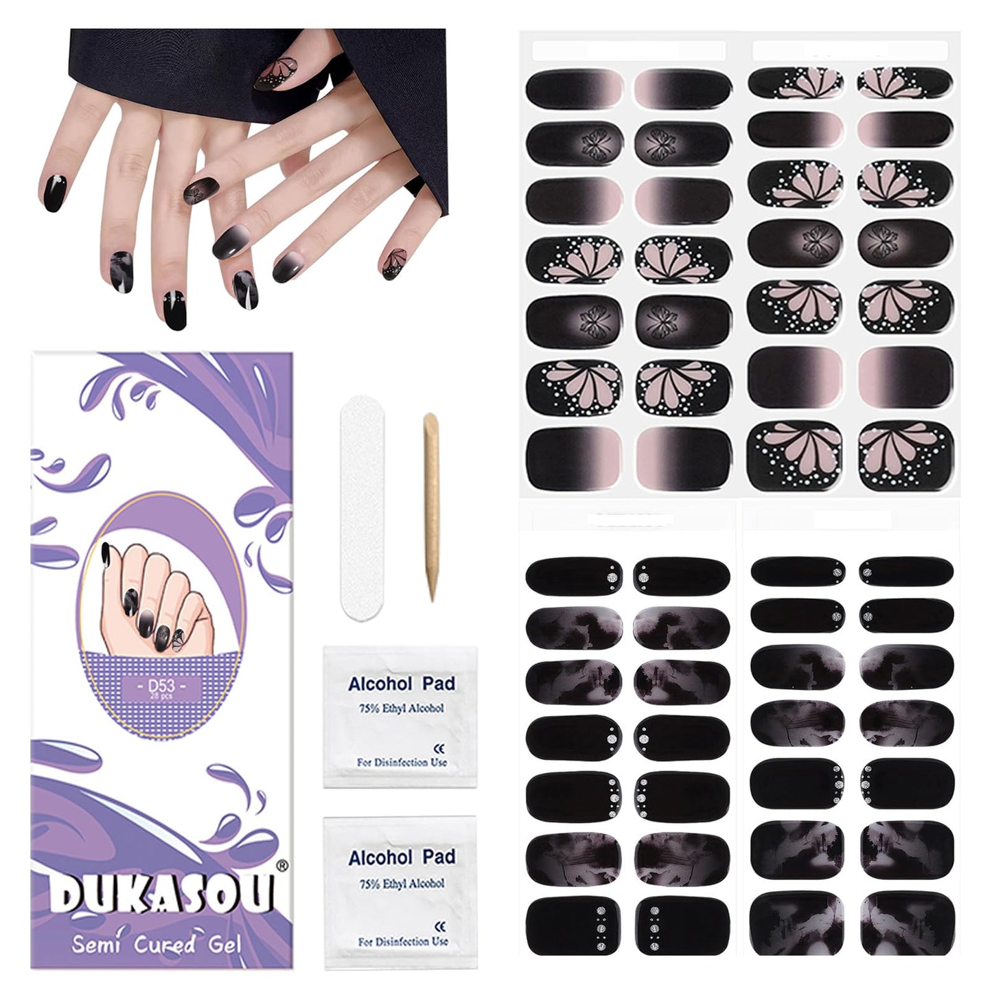 DUKASOU Semi Cured Gel Nail Strips, 56Pcs Nail Art Stickers/Wraps, Long Lasting UV Nail Polish Strips for Adults(Black Pink Butterfly)