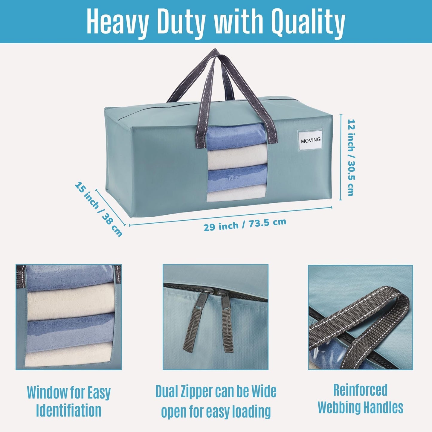 VENO 2 Pack Heavy Duty Moving Bags, Packing Bags with Clear Window, Alternative to Moving Boxes, Storage Bins for Clothes, Blankets, Comforters, College Dorm Essentials (Light Blue Matte, 2 Pack)