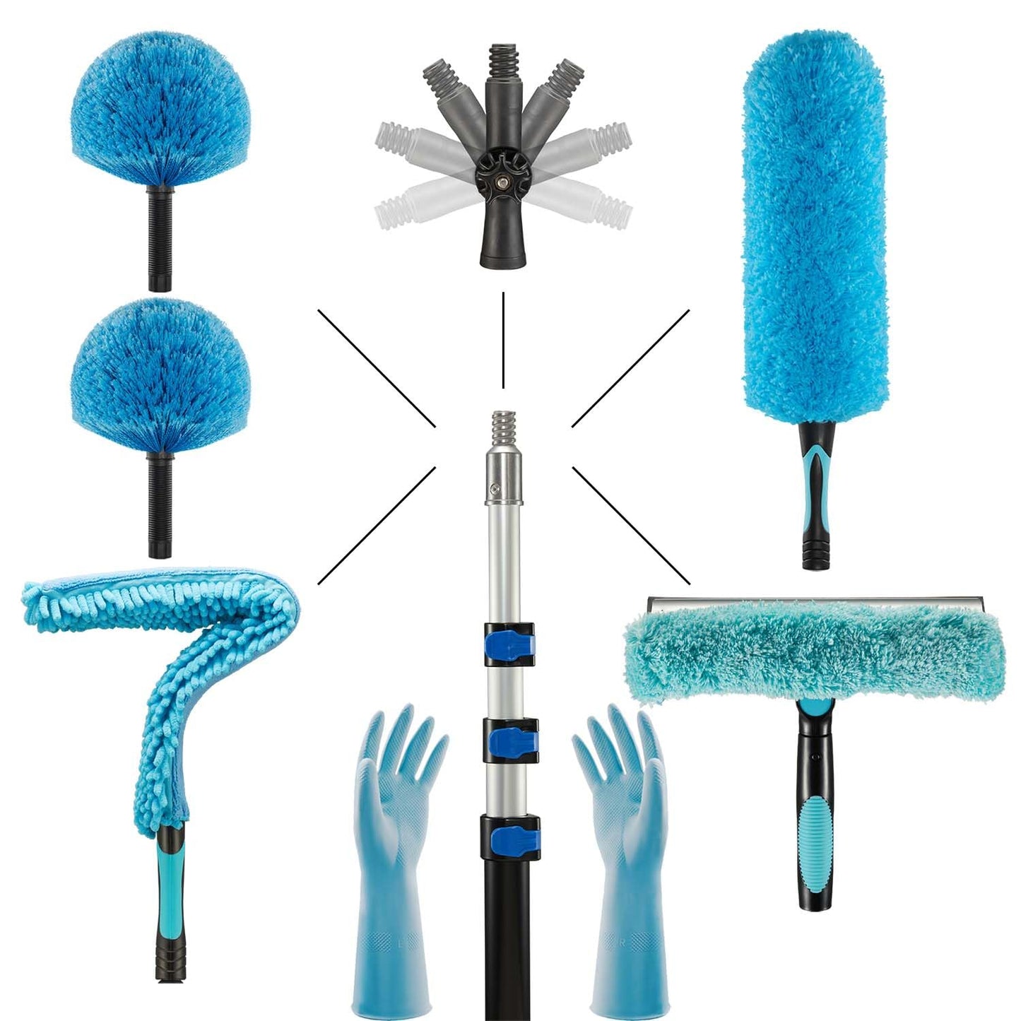 CXU 25 Foot Fan Cleaner High Ceiling 2 Cobweb Dusters with Heavy Duty Extension Pole, Window Squeegee Kit, Household Cleaning Gloves(18ft)