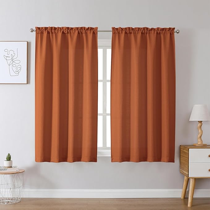 Chyhomenyc Orange Curtains 54 Inch Length 2 Panels, Faux Linen Textured Semi Sheer Light Filtering Soft Airy Rod Pocket Window Treatment Drapes for Living Room Bedroom, 30Wx54L Inch, Set of 2