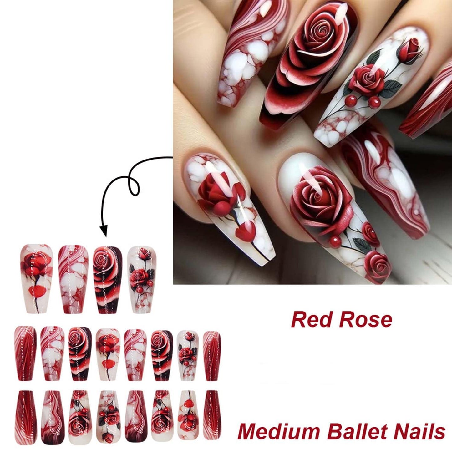 24pcs Rose Press On Nails Medium Coffin Fake Nails Flower With Gradient Design Red Acrylic Nails Full Cover Artificial Nails Glossy Glue On Nails Reusable Stick On Nails For Women Manicure