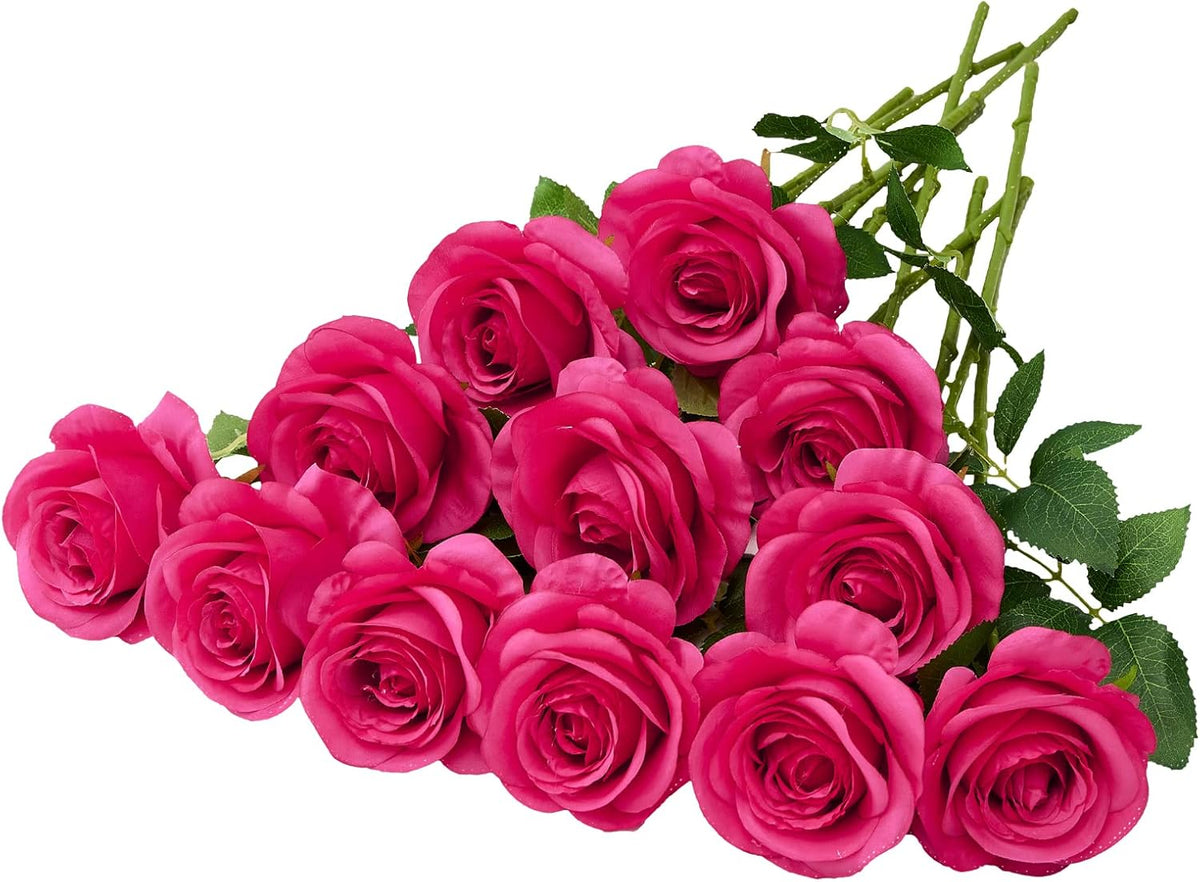 12PC Hot Pink Roses Artificial Flowers Fake Roses Silk Roses Flowers with Long Stems for Wedding Home Party Centerpieces Decorations