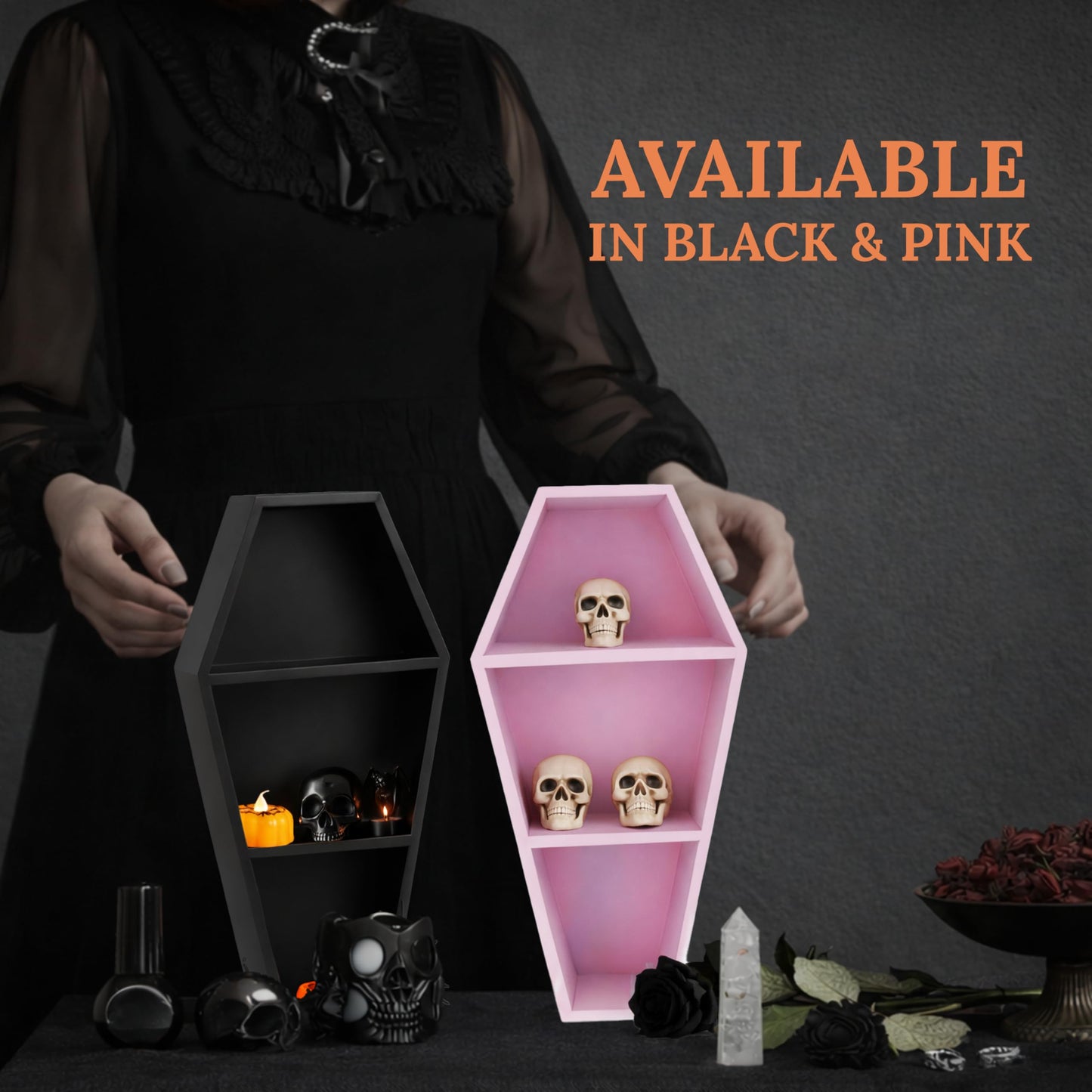 MANNY'S MYSTERIOUS ODDITIES Coffin Shelf and Coffin Gift Box with Spooky Accessories Set - Small Cute Goth Halloween Box 14 by 7 Inches - Black