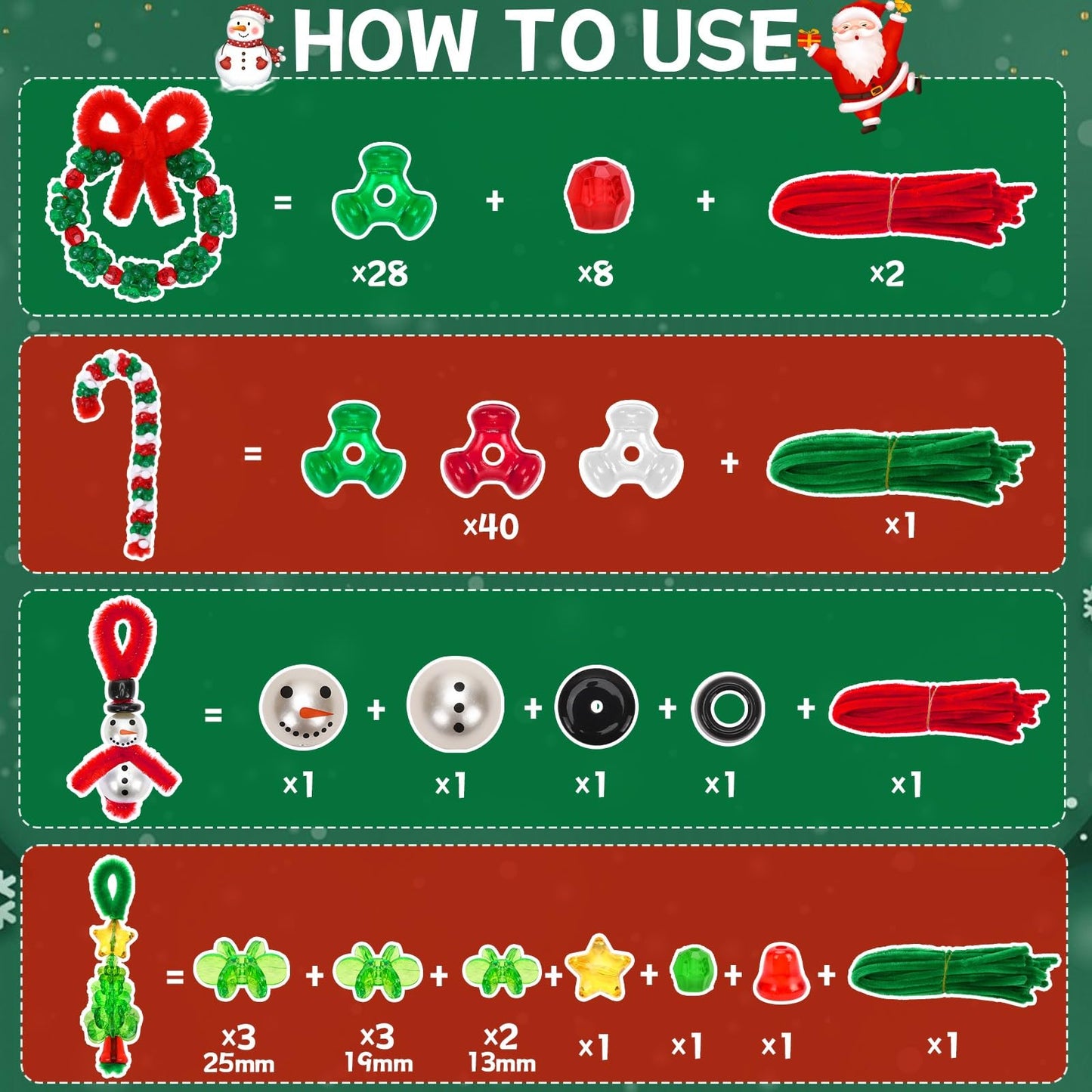 UPINS Christmas Beaded Ornament Kit, 52 Set Christmas Beaded Crafts Ornament Kit Tree Snowman Candy Cane Wreath Make Accessories for Hanging Wreath Cane Jewelry Making
