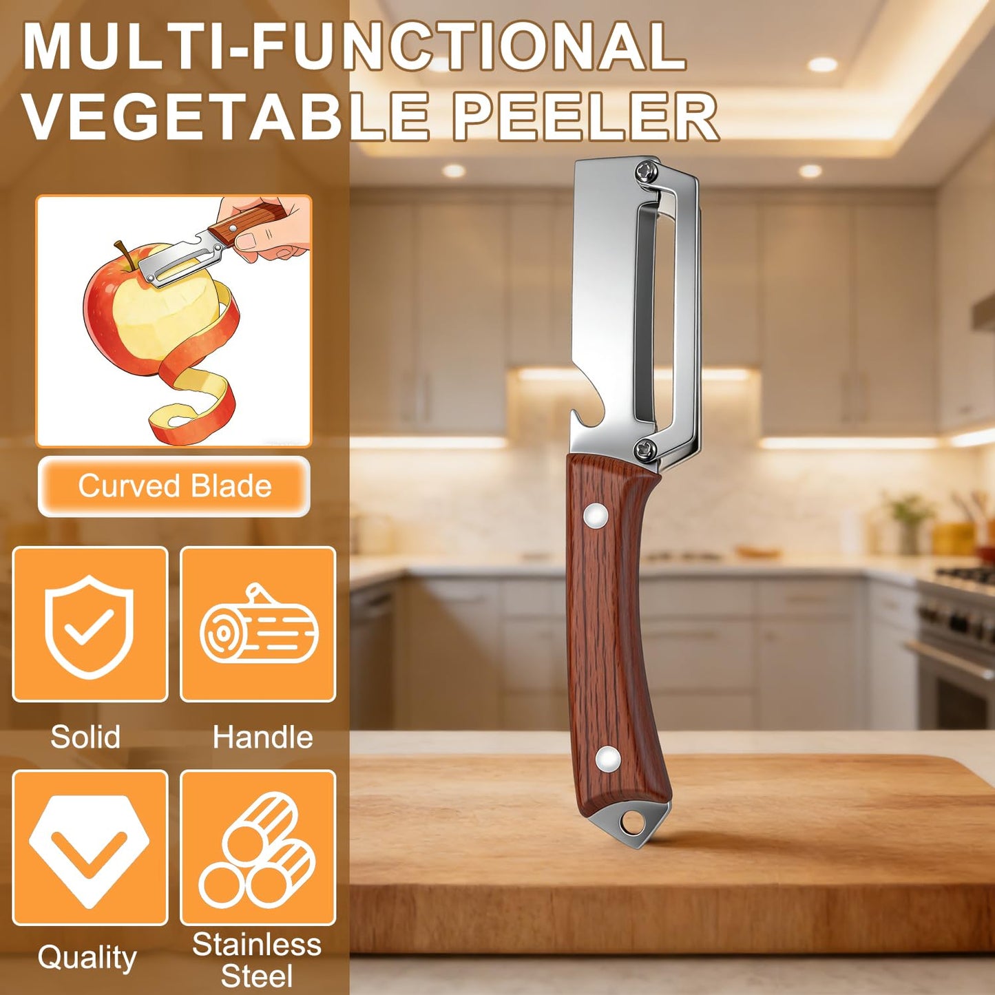 2Pcs Premium Vegetable Peeler with Wooden Handle and Bottle Opener,Multifunctional 3-in-1 Stainless Steel Kitchen Tool for various fruits and vegetables that require peeling（Black + Brown）