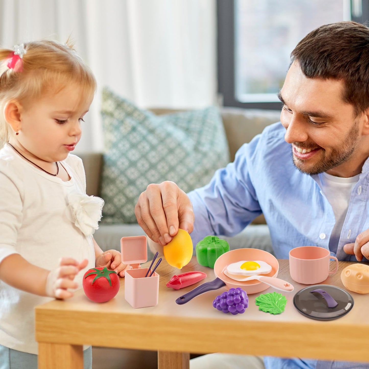 60Pcs Kids Mini Play Kitchen Accessories, Pretend Cooking Play Set with Cookware, Tableware & Fruit & BBQ Sets, Learning Gift for Boys, Girls, Toddlers,Pink