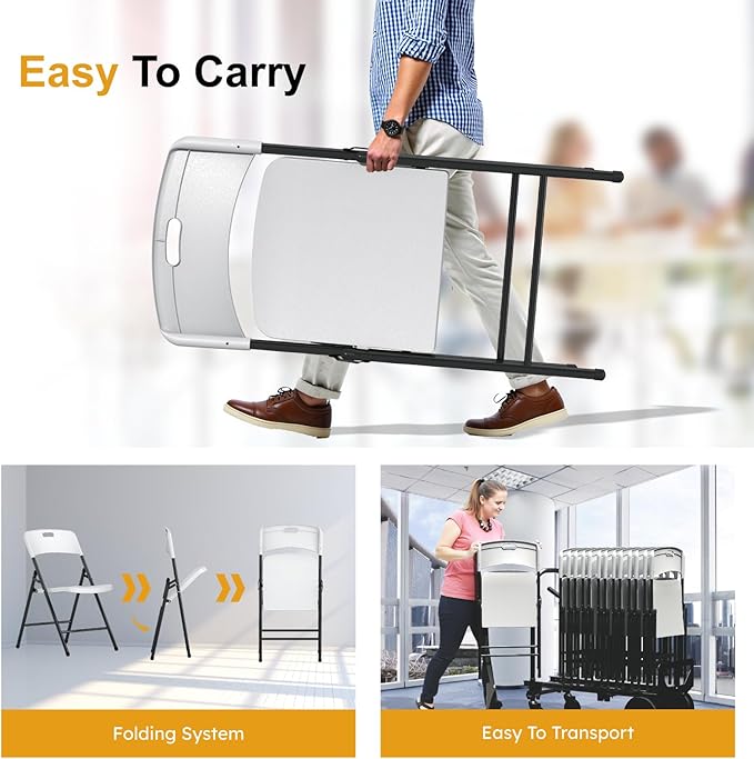 4 Pack White Folding Chairs, 700lbs Capacity Heavy Duty Folding Chair with Reinfoced Steel Frame for Indoor/Outdoor Use, Plastic Foldable Chairs for Party, Patio, Meeting, Wedding and School