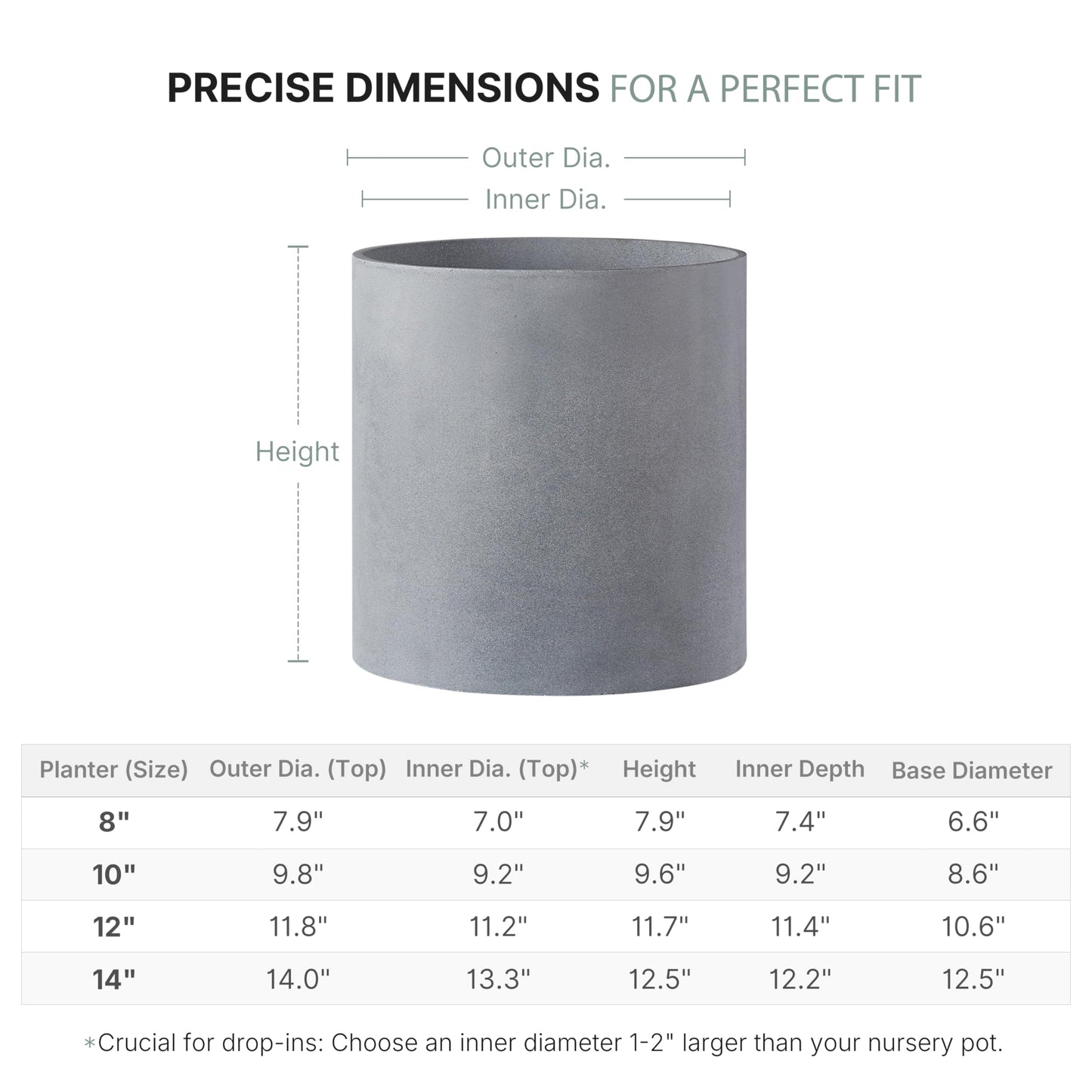 FaithLand 10 Inch Fiberstone Planter - Lightweight Modern Cylinder Plant Pot with Drainage Hole & Plug, Authentic Concrete Look, Gray