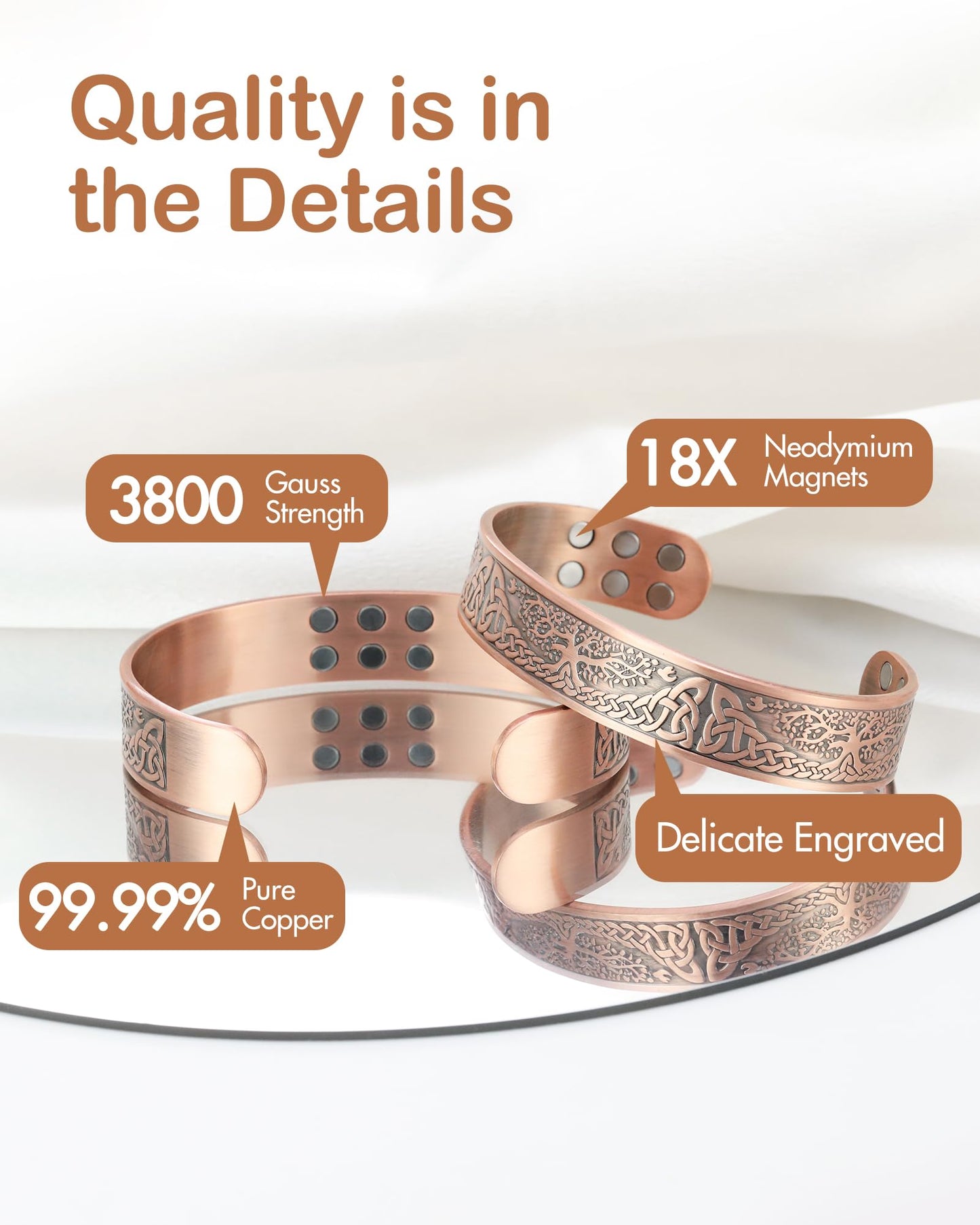 Feraco Copper Bracelet for Men, 18X Enhanced Strength Magnetic Bracelet with 3800 Gauss Neodymium Magnets, Pure Copper Cuff Bangle, Adjustable Jewelry Gift (Life Tree)