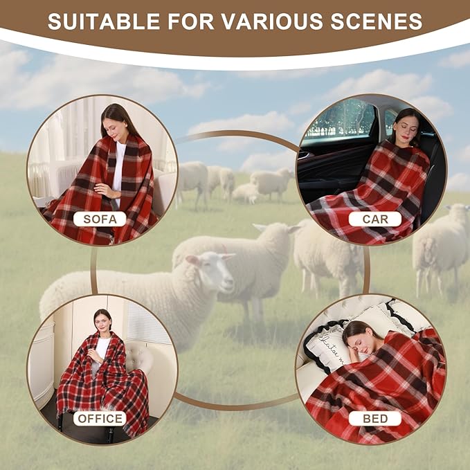 Throw Blanket Plaid with Carry Bag | Soft Wool Travel Blanket 55"x83" 1.5lbs | Red and Brown Plaid Decorative Throw for Couch, Camping & Gift