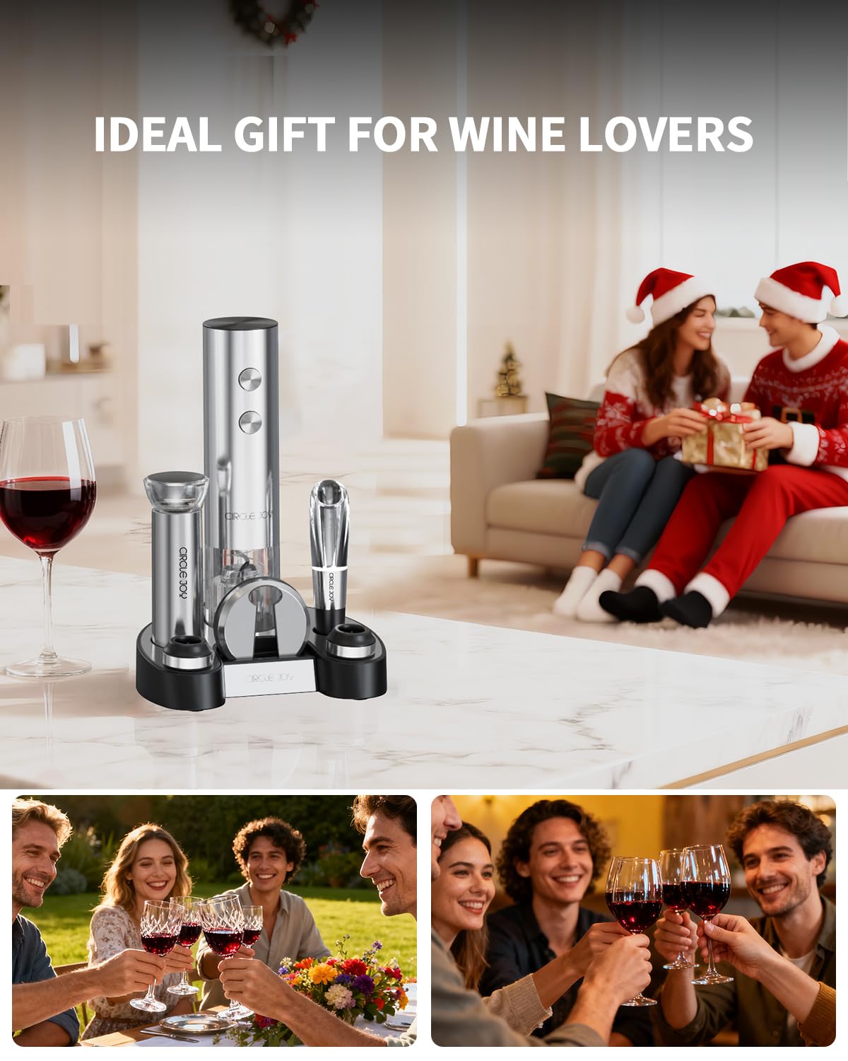 CIRCLE JOY Electric Wine Bottle Opener Set Stainless Steel Rechargeable Wine Opener 8-in-1 Wine Gift Set with Charging base, Foil Cutter, Wine Aerator Pourer, Vacuum Pump & 2 Wine Stoppers, Silver