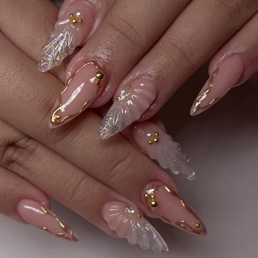 Medium Almond Press on Nails Skin Tone False Nails with 5D Pearl Waterdrop Shell Design Gold Irregular Lines Fake Nails Silver Glitter Glue on Nails Glossy Rhinestones Nail for Women Manicure 24Pcs